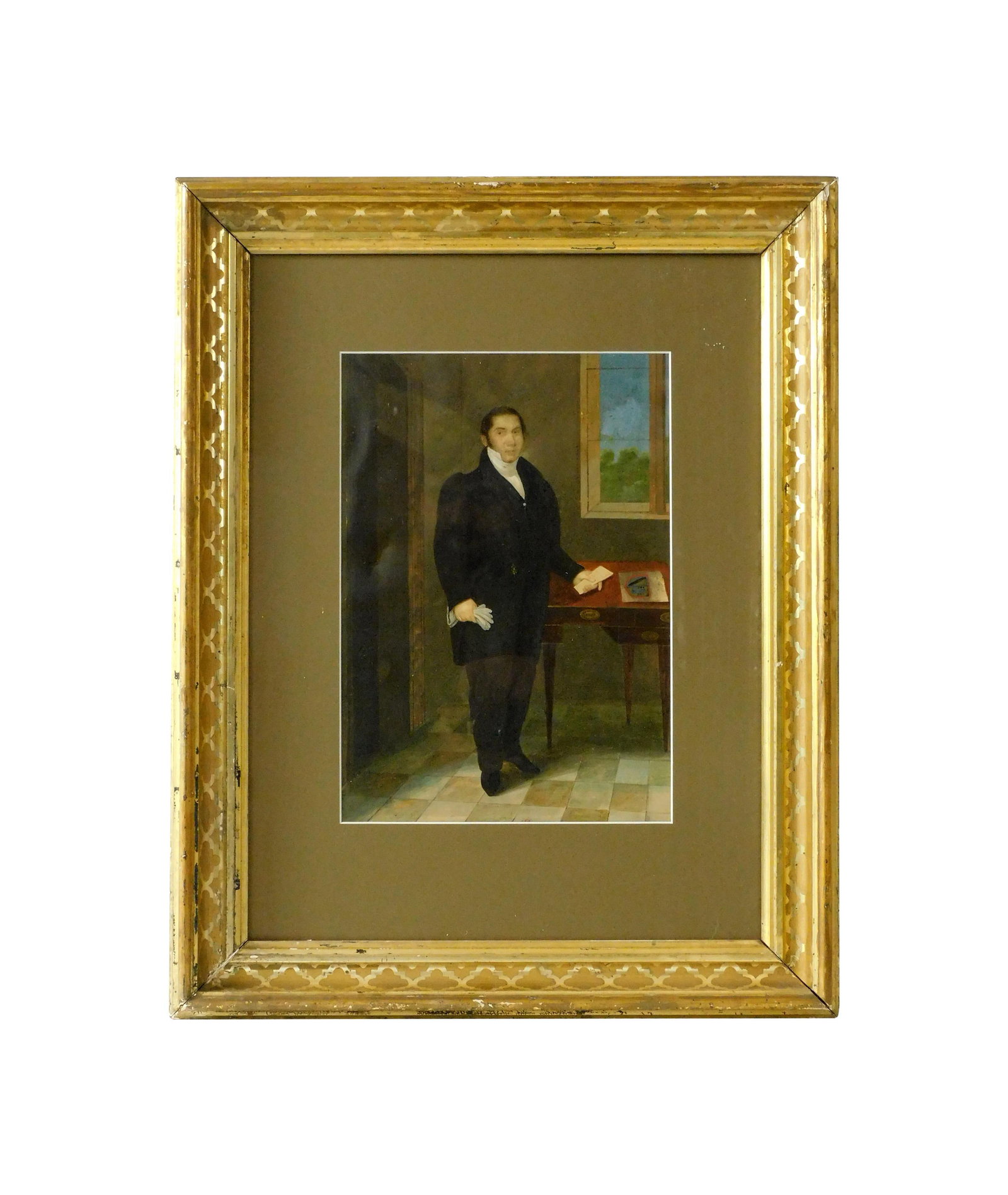 Portrait of a Gentleman: Early 19th C. Oil. Spanish Colonial Portrait of Joaquin Carvajal. The gentleman is at his desk wearing a black coat with white ascot holding white gloves. Artist or sitter is identified on verso. Sigh