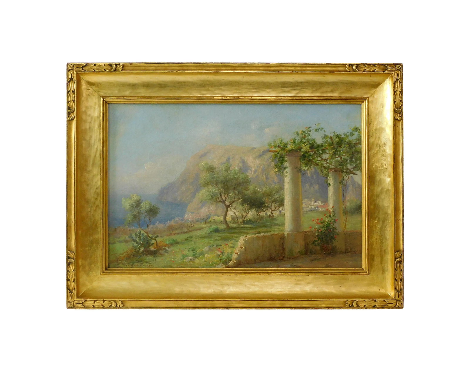 Arturo Cerio Painting: (Italian, 1868-1931). Oil on canvas. Depicts a bucolic landscape identified as Capri. Signed lower right. Sight size: 15" high x 23" wide. In a period carved and gilded frame measuring: 21 1/2" high x