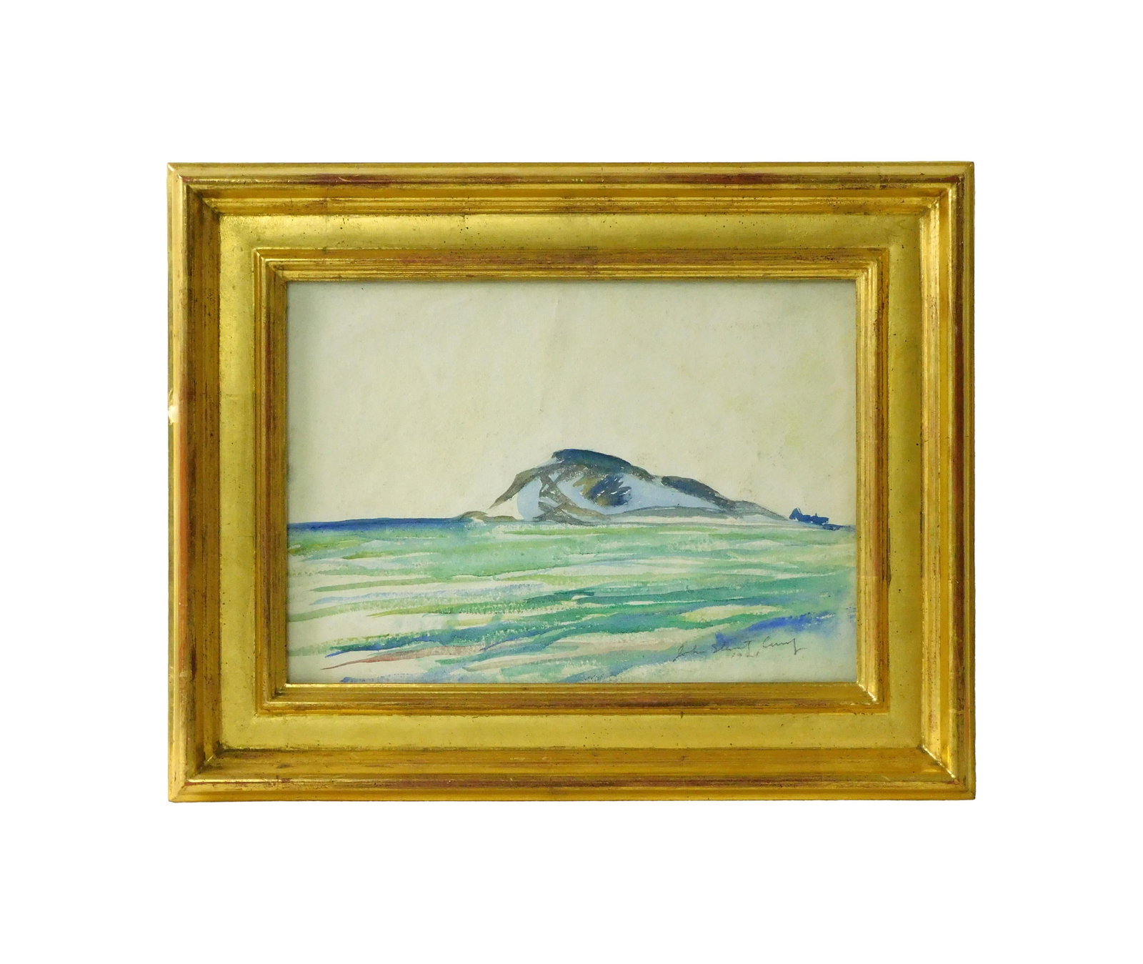John Steuart Curry Painting: (American, 1897-1946). Watercolor. Depicts the coast of Maine. Signed and dated 1921 lower right. Sight size: 10" high x 13 1/2" wide. In a modern gilded frame under glass by Guido measuring: 15" high