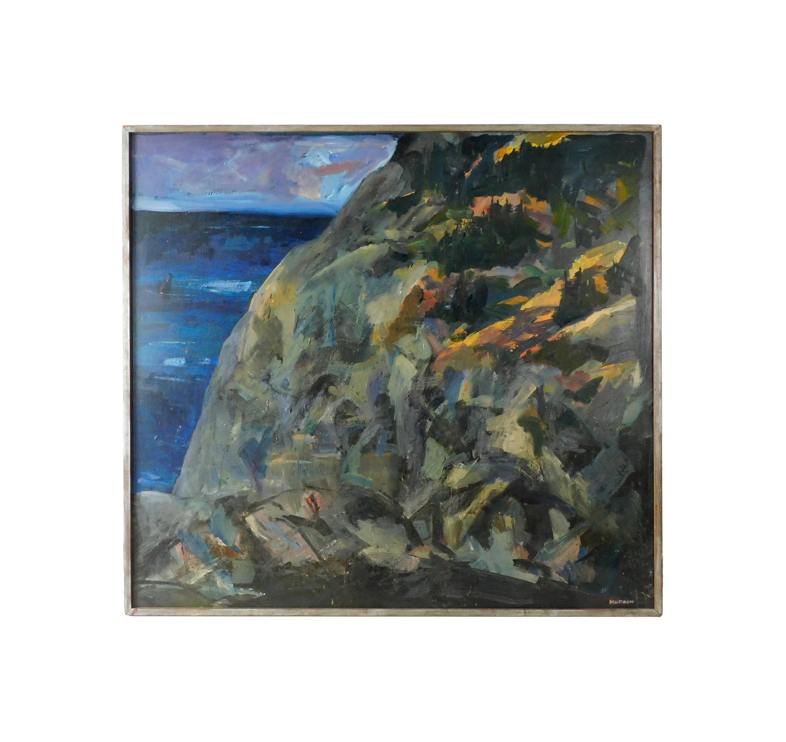 Eric Hudson Painting: (American/Maine/Massachusetts/New York, 1868-1932). Oil on Masonite board. Abstract Maine coastal scene. Signed lower right "Hudson". Sight size: 40" high x 43 1/2" wide. In a thin wooden frame measur