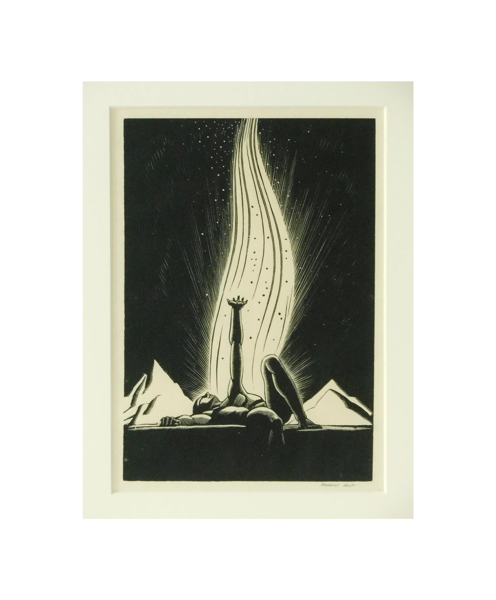 Rockwell Kent Woodcut: (American/New York, 1882-1971). Titled "Flame". Depicting a reclining nude male. Signed in pencil lower right. Dated 1928 on verso. Sight size: 8 1/2" high x 6" wide. In a black wooden frame under gla