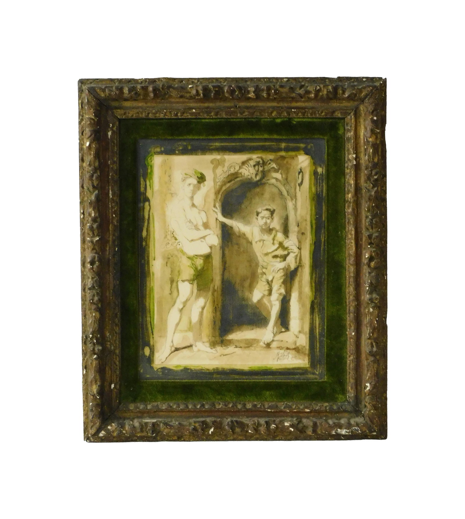 Willard Leroy Metcalf Gouache: (American/New York/Massachusetts, 1858-1925). Depicts two young boys. Signed lower right. Sight size: 13 1/4" high x 10" wide. In a distressed gesso frame under glass measuring: 19 3/4" high x 16 3/4"