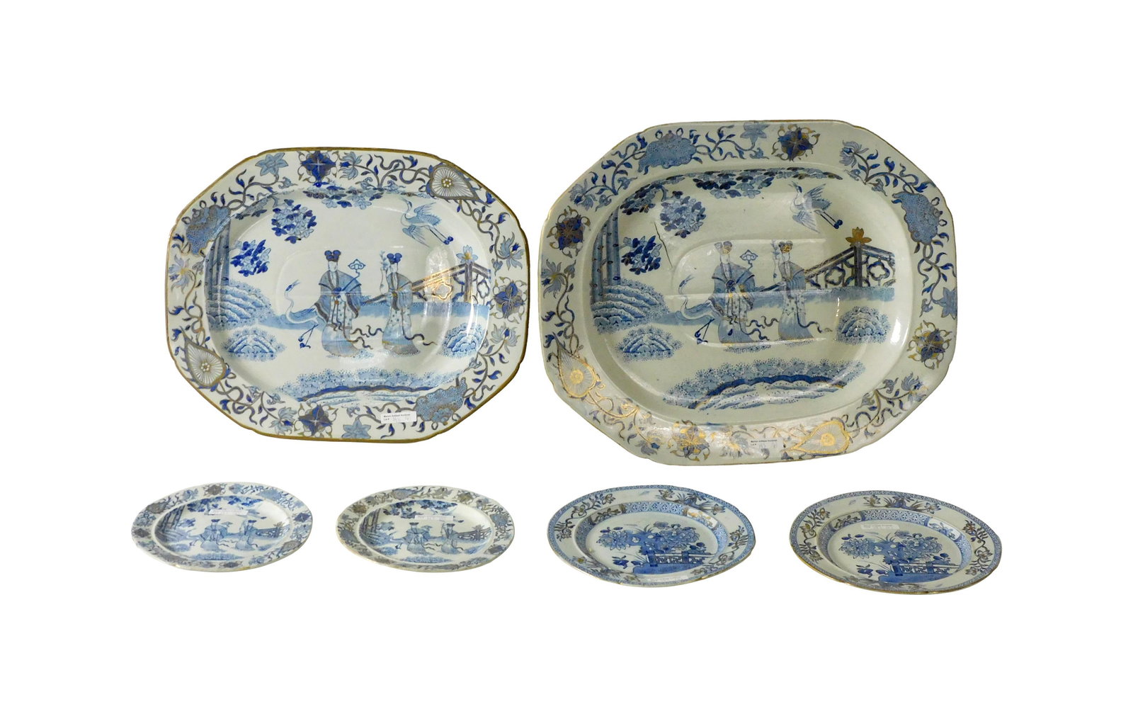 (6) Pieces English Ironstone: 19th C. Chinoiserie pattern with figures, cranes and floral design. To include: (A) Large octagonal well and tree platter. 2" high x 21" wide x 17" deep. (B) Small octagonal well and tree platter. Chi