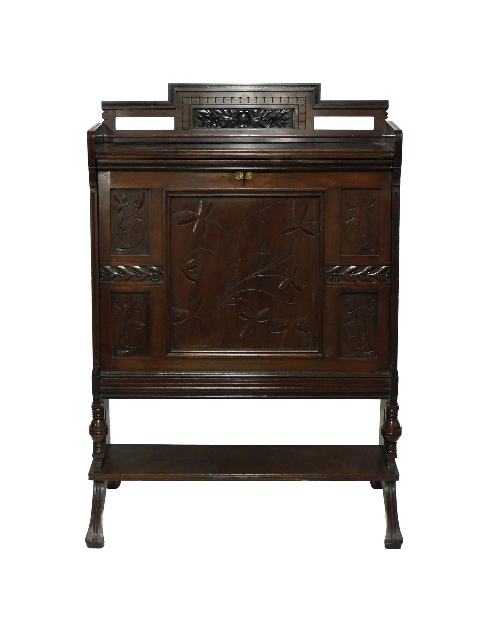 Eastlake Portfolio Case: Late 19th C. Walnut. Fold out door with brass hardware. Lock with key. Carved aesthetic design on door and top crest. Portfolio stand at top. 69" high x 32 1/2" wide x 18" deep.Good condition. Light s