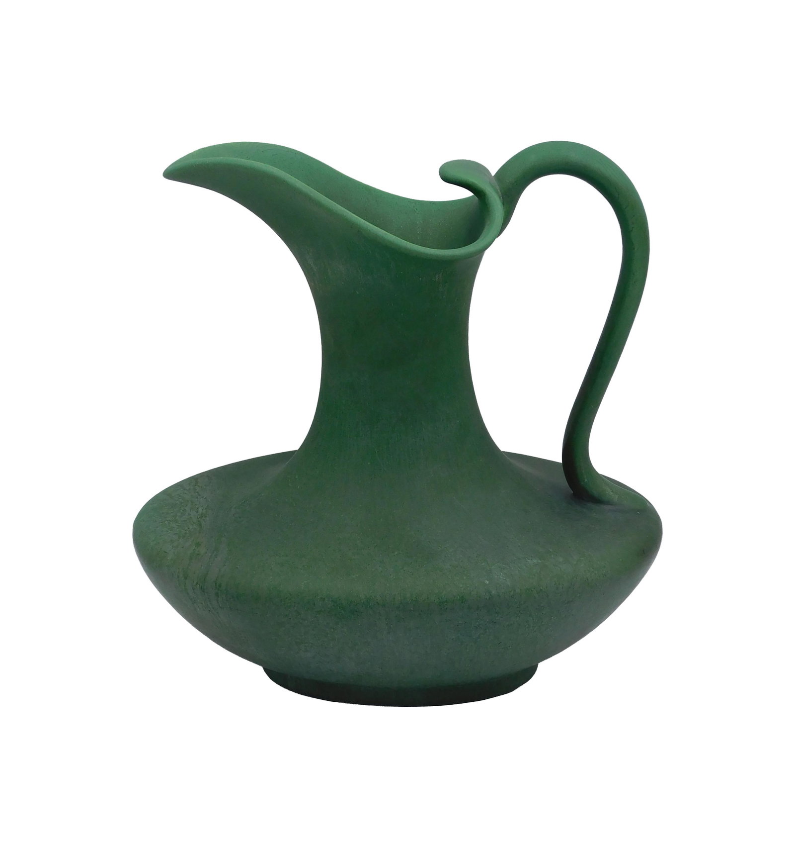 Hampshire Pottery Ewer: Early 20th C. Rich matte green glaze. Curved handle. Impressed mark on base: "JST&CO, Keene, NH". 10 1/2" high x 10 1/2" wide.Good condition consistent with age and use. IMPORTANT- Please note: all