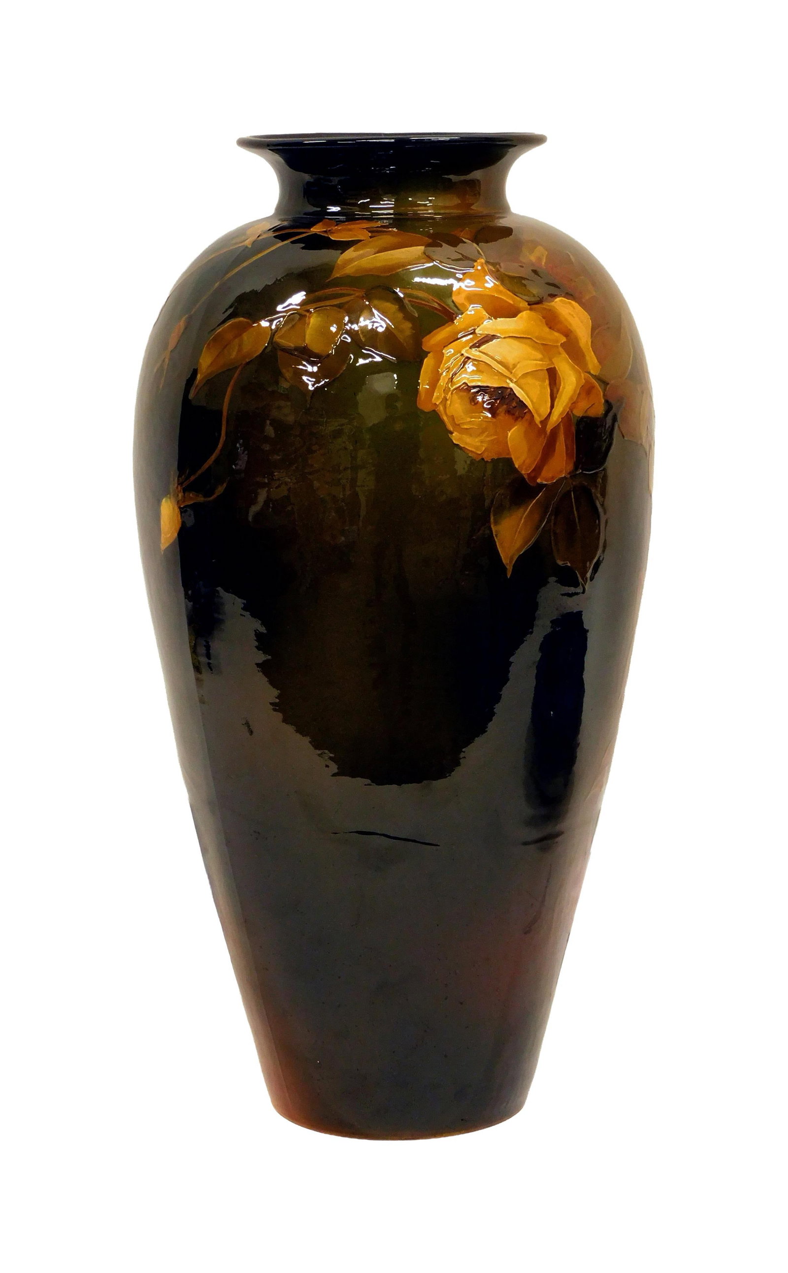 Monumental Weller Pottery Floor Vase: Early 20th C. Louisa pattern. 26" high x 14" wide.Repair on neck of approximately 3". Original piece reglued. IMPORTANT- Please note: all items are sold as is, where is, with all faults. Marion Antiqu