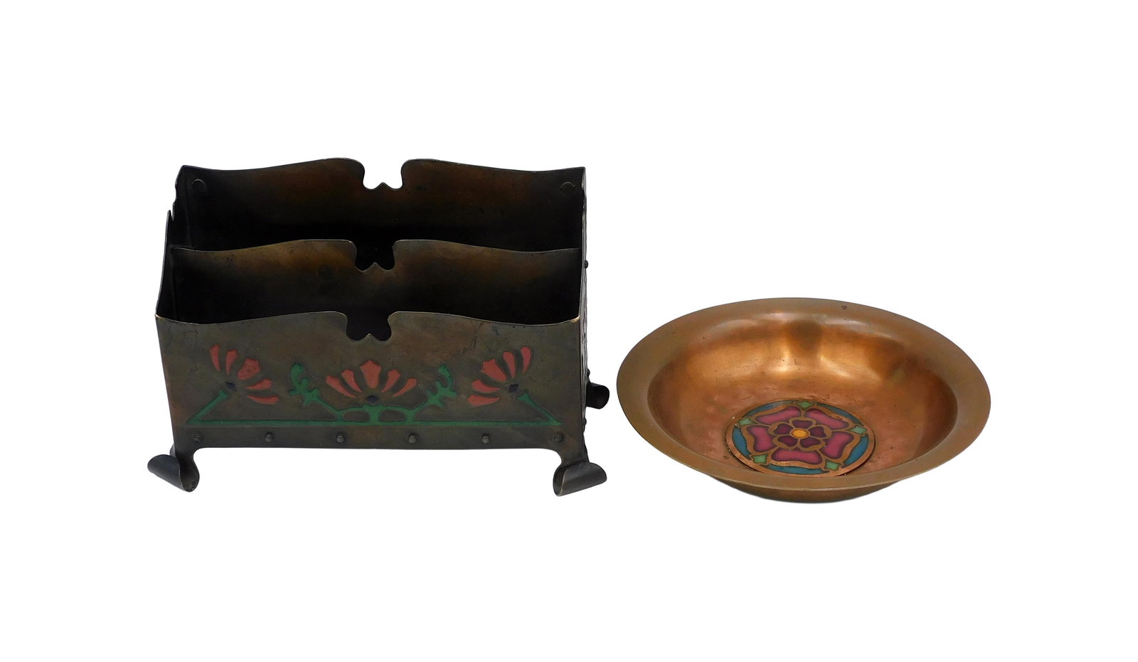 (2) Arts and Crafts Copper Pieces: Early 20th C. To include: (A) Copper enameled letter holder with floral motifs. Curled feet. Made by Art Crafts Shop of Buffalo, New York. Stamped on underside. 5 1/2" high x 8" wide x 4" deep. (B) Co