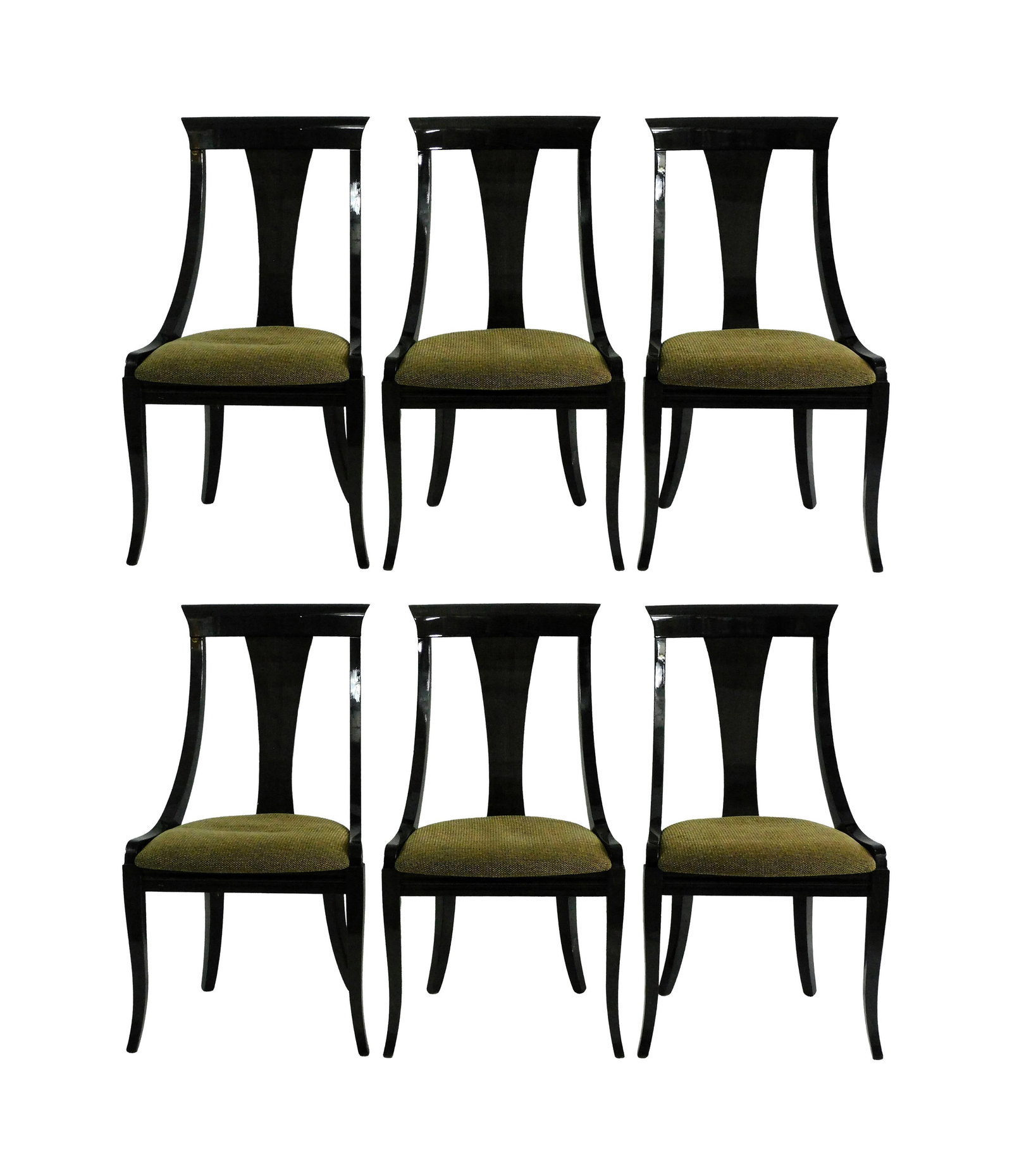(6) Pietro Costantini Dining Chairs: 20th C. Italian. Klismos legs. Black lacquer finish. Upholstered seats. Costantini labels. 36 3/4" high x 20" wide x 17" deep. 18" seat height. Good condition. IMPORTANT- Please note: all items are so
