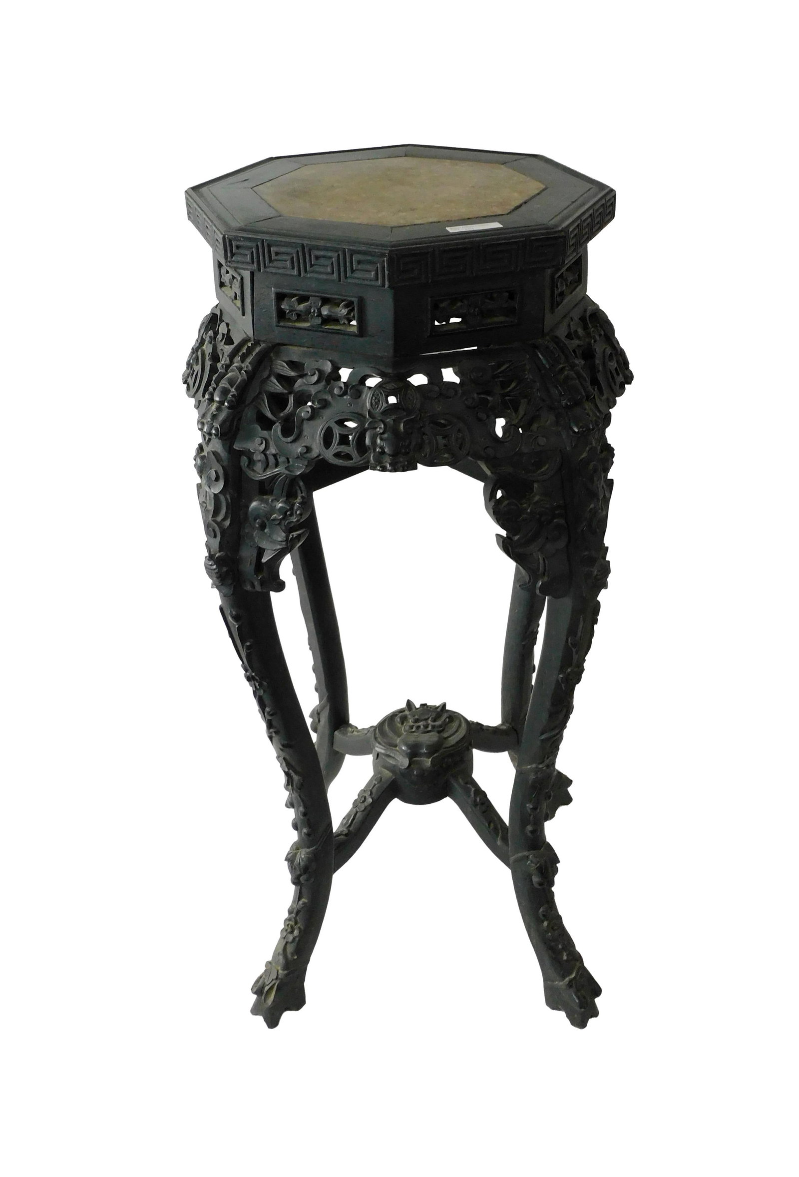 Chinese Teakwood Stand: 19th C. Octagonal top with inset pink marble. Elaborately carved. 33 1/2" high. Top is 14" x 14".Good original condition. IMPORTANT- Please note: all items are sold as is, where is, with all faults. M