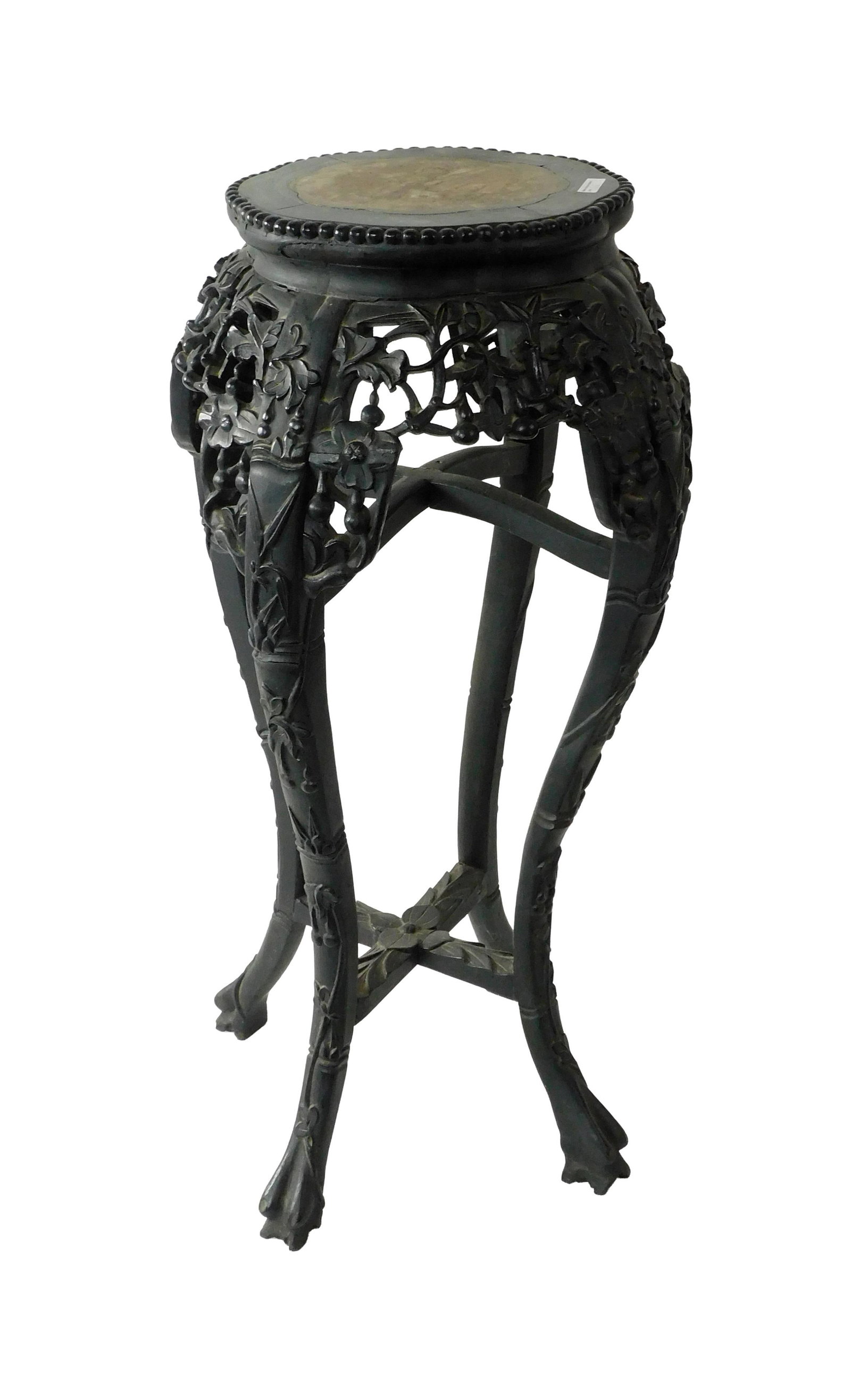 Chinese Teakwood Stand: 19th C. Octagonal top with inset pink marble. Elaborately carved skirt. 30" high. Top is 14" wide.Good original condition. Small repair to one of the carved returns. IMPORTANT- Please note: all items