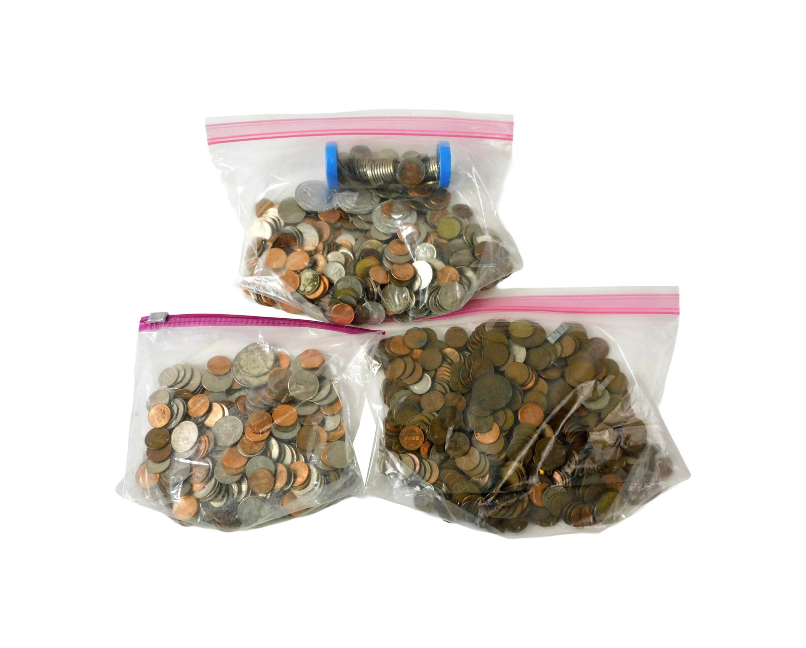 Miscellaneous U.S. Coins: Pennies, nickels, dimes, quarters, trade tokens, silver bullion. Also includes two Kennedy halves and a Peace dollar. Circulated. Condition varies. Please note this lot must be paid for by cash, wire