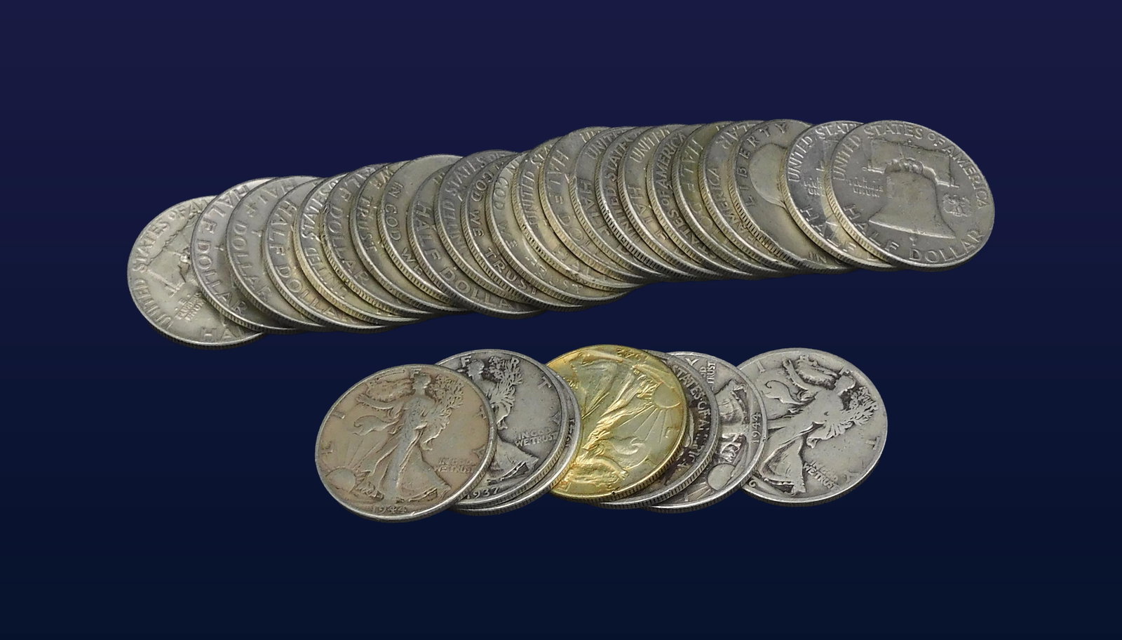 (30) Half Dollars: To include: (A) Twenty-three Franklin. (B) Seven Walking Liberty.Mixed condition from good to extra fine. Please note this lot must be paid for by cash, wire transfer or known check. Items will be shi