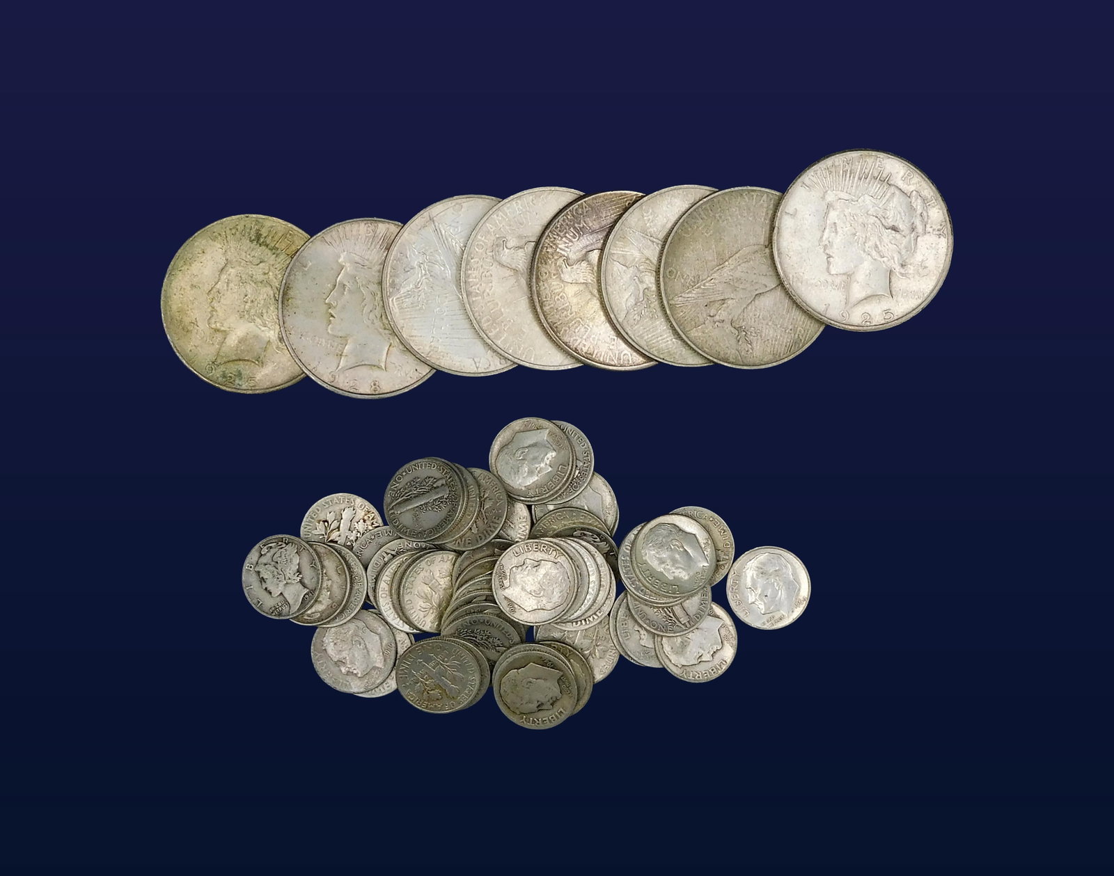 U.S. Silver Coins: To include: (A) Eight peace dollars. (B) Fifty-two mercury dimes.(A) Excellent. (B) Good to excellent. Please note this lot must be paid for by cash, wire transfer or known check. Items will be shippe