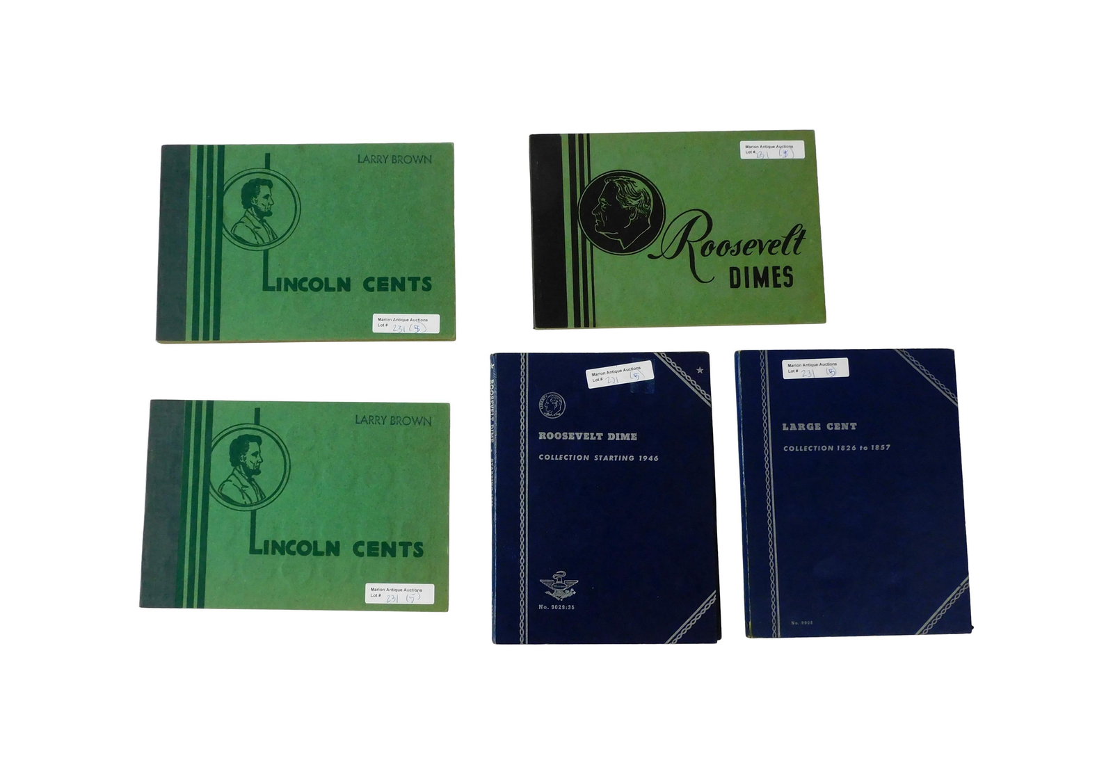 U.S. Coins: To include: (A) Fifty-one Roosevelt dimes. (B) Seven U.S. large cents. 1837, 1838, 1842, 1847, 1848, 1849, 1852. (C) Two partial books of Lincoln cents. Various dates. (A) Good to excellent. (B) Good