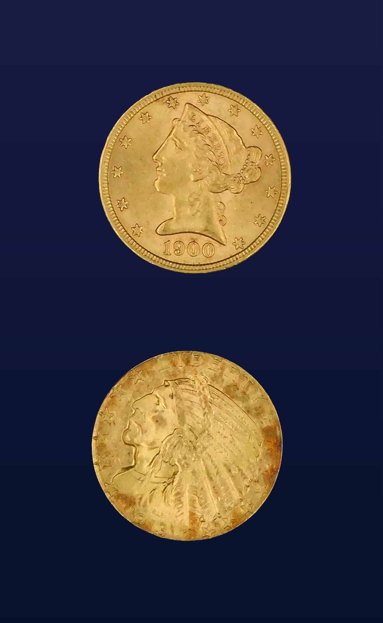 (2) U.S. $5 Gold Coins: To include: (A) 1913. (B) 1900.(A) AU. (B) BU. Please note this lot must be paid for by cash, wire transfer or known check. Items will be shipped or sent to shipper once payment clears. IMPORTANT- Ple