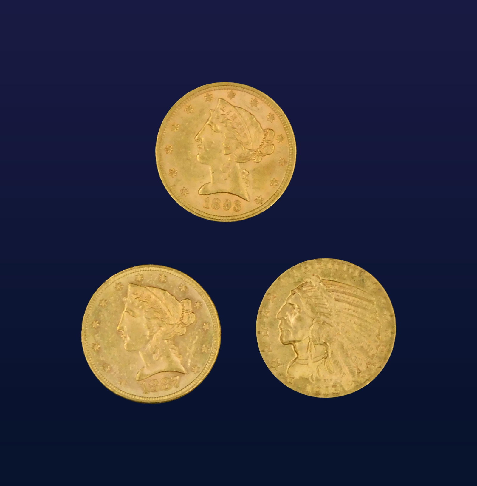 (3) U.S. $5 Gold Coins: To include: (A) 1913. (B) 1887. (C) 1893. (A) AU. (B) AU. (C) BU. Will grade in the mid-60s. Please note this lot must be paid for by cash, wire transfer or known check. Items will be shipped or sent