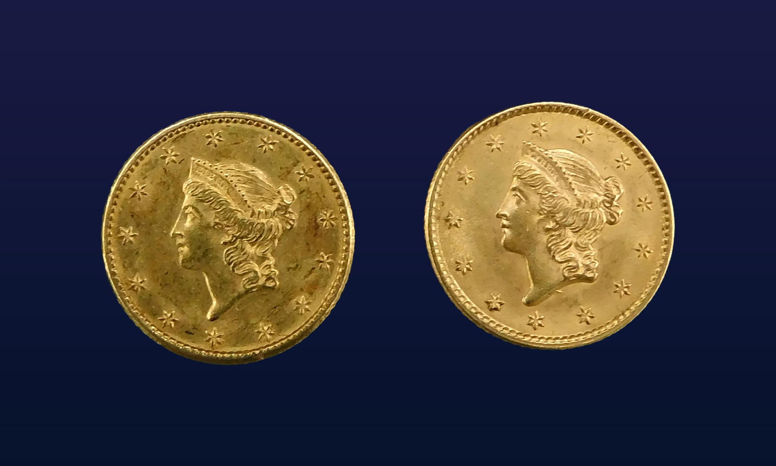 (2) U.S. $1 Gold Coins: To include: (A) 1853. (B) 1849.(A) BU. (B) AU. Please note this lot must be paid for by cash, wire transfer or known check. Items will be shipped or sent to shipper once payment clears. 