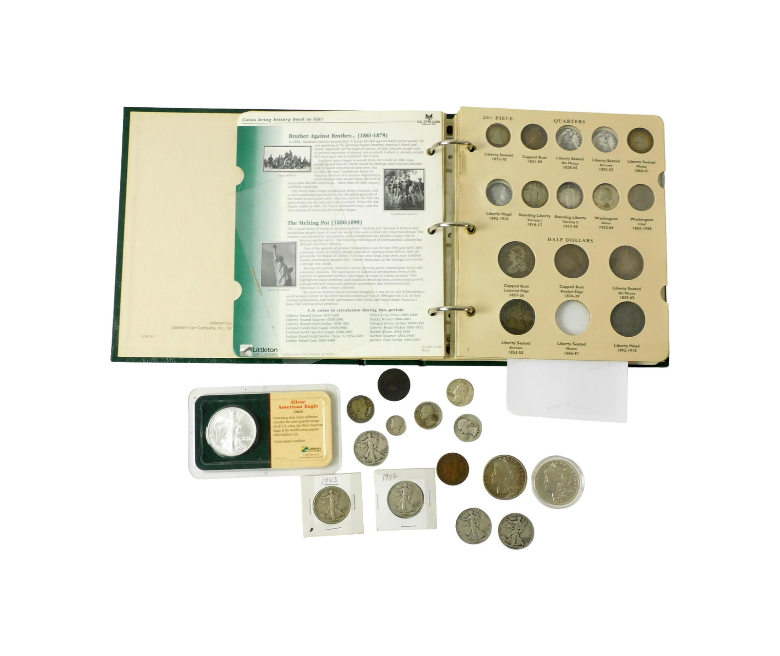 Estate Coin Collection: To include: Partial United States type coins loose and in a binder. Approximately $13 face value silver coins plus two silver eagles and thirty other miscellaneous coins. Included are: Large cents; Sm
