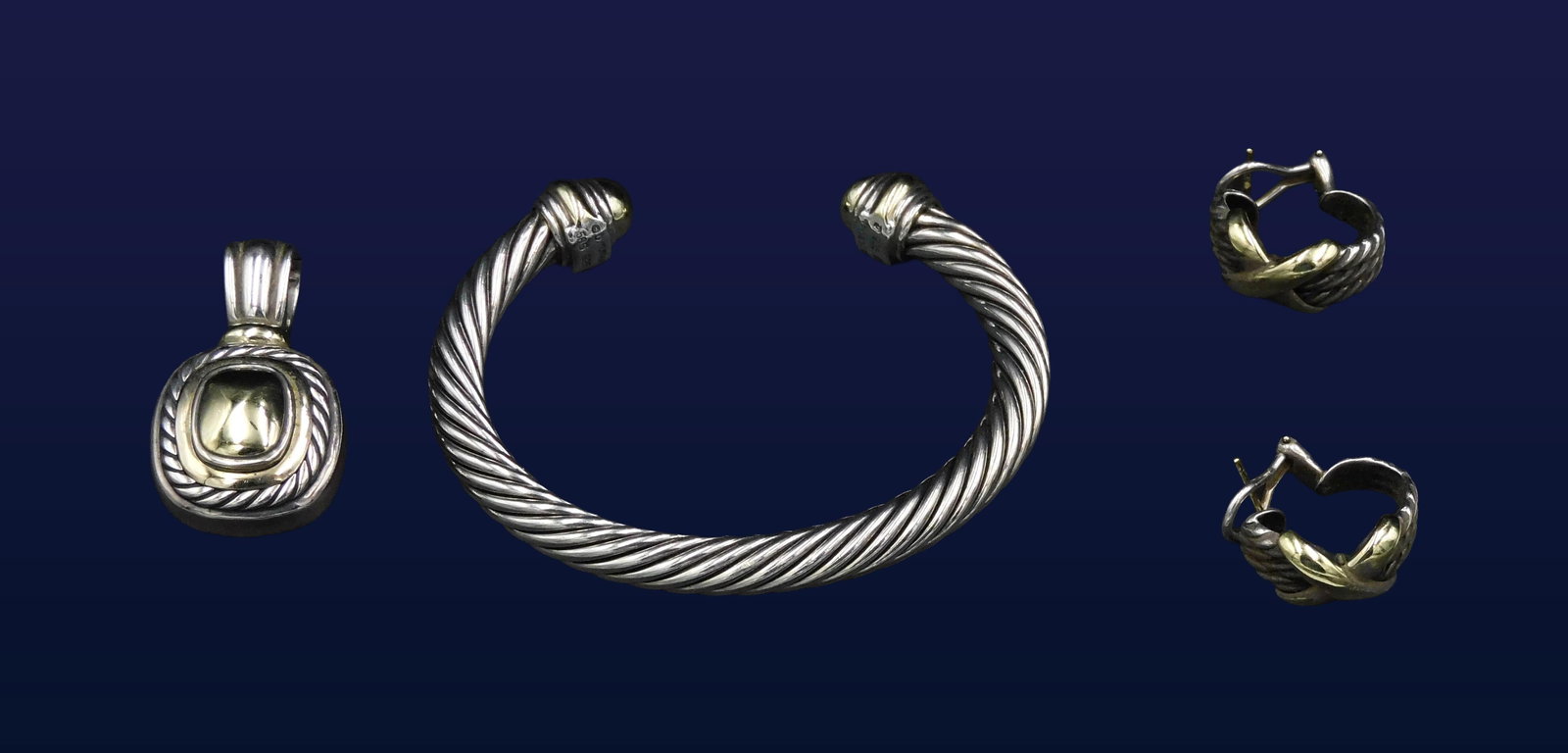 David Yurman Jewelry Set: Sterling silver and 14kt gold cable twist. Includes a pendant, earrings and bracelet. Please note this lot must be paid for by cash, wire transfer or known check. Items will be shipped or sent to ship