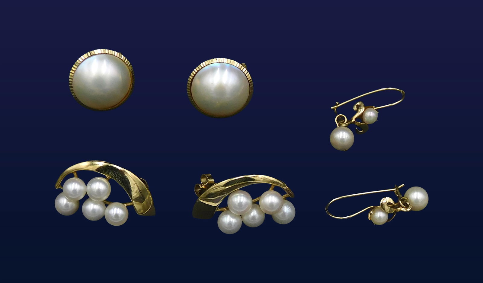 (3) Pairs 14kt Gold and Pearl Earrings: To include: (A) Studs set with Mabe pearls. (B) Dangles set with two pearls. (C) Vintage pair set with five pearls each. 7.8 overall dwt. Please note this lot must be paid for by cash, wire transfer o