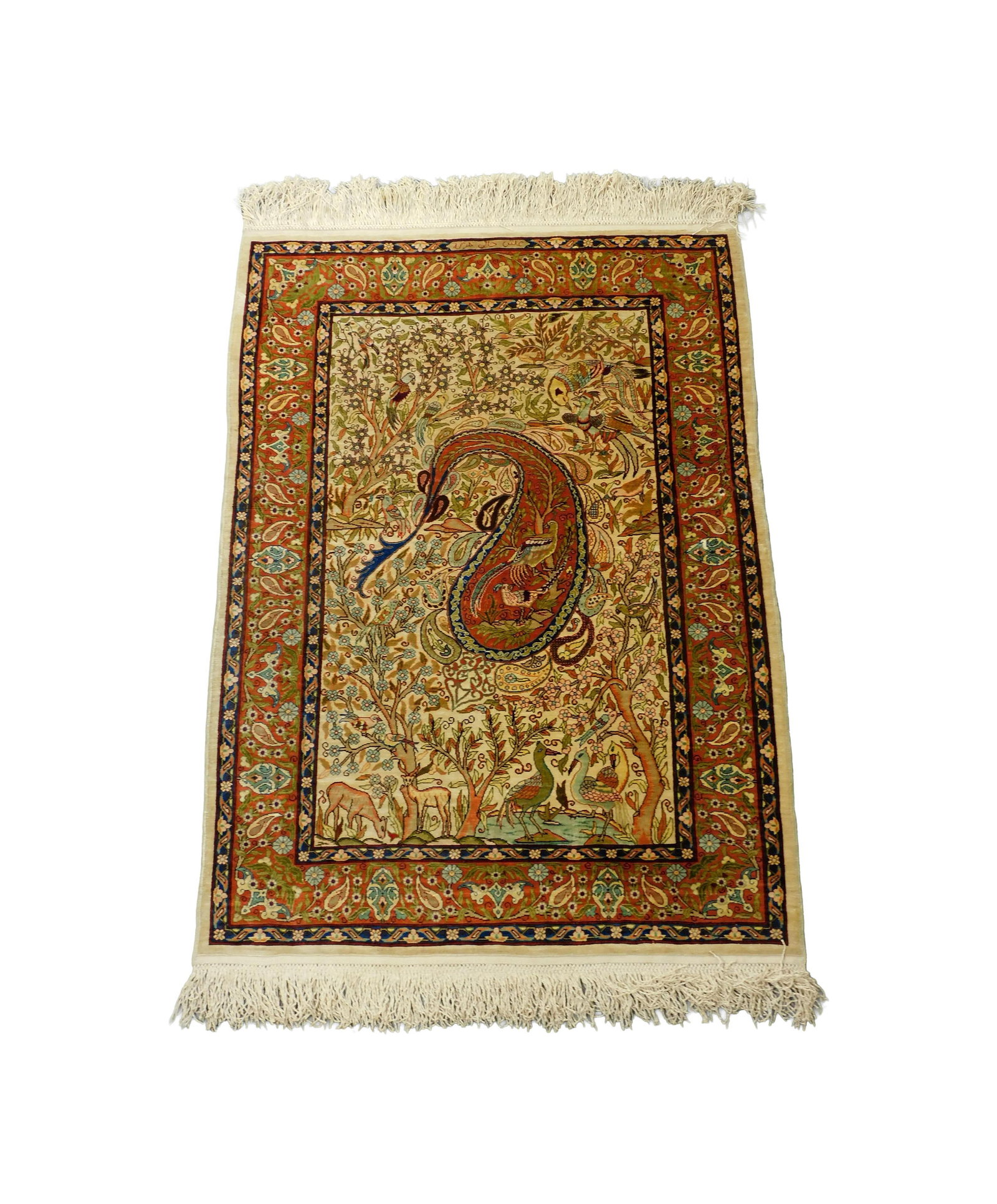 Persian Silk Scatter Rug: 20th C. Possibly Tabriz. Floral design with birds and animals. Signed in Arabic. 45" long x 29" wide. Provenance: From the estate of Alfred J. Walker, legendary art dealer and collector. Founder of Wa
