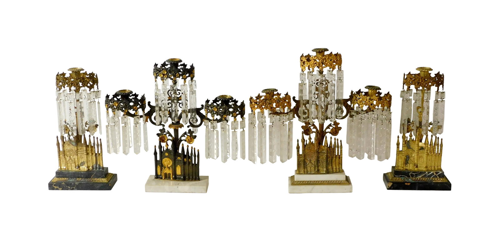 (4) Girandoles - Bigelow Chapel: 19th C. To include: (A) Three-branch gilded girandole with stepped marble base and cut glass prisms. 18" high x 17" wide x 3 1/2" deep. (B) Pair of single branch girandoles on a stepped black marble b