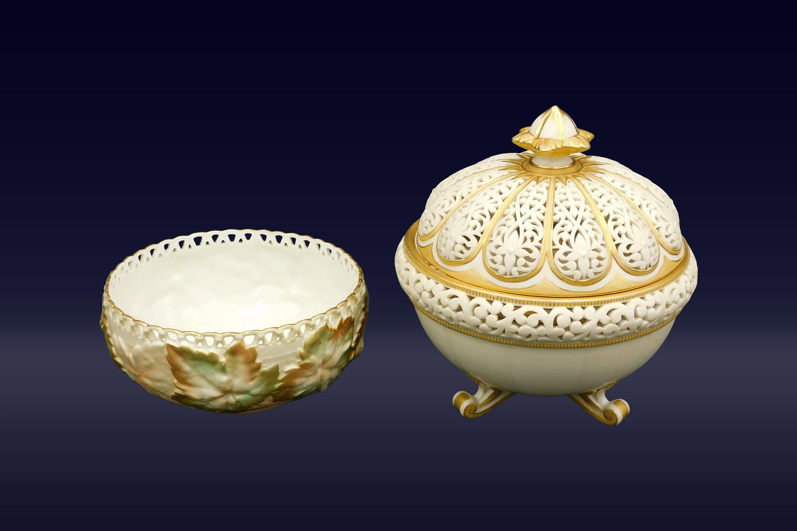 (2) Royal Worcester Pieces: Late 19th C. To include: (A) Unusual covered footed bowl. Circular form with reticulated top. Gilded trim. Interior has another handled cover opening to a compartment. Black Royal China Works Worceste