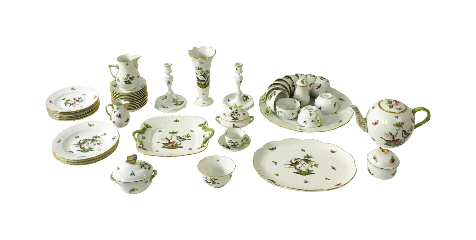 (49) Pieces of Herend Rothschild "Bird" Pattern: 20th C. A substantial group of Herend Rothschild Bird pattern porcelain, hand-painted in Hungary with lively birds, butterflies, insects and flowering branches and highlighted with gilt accents. To in