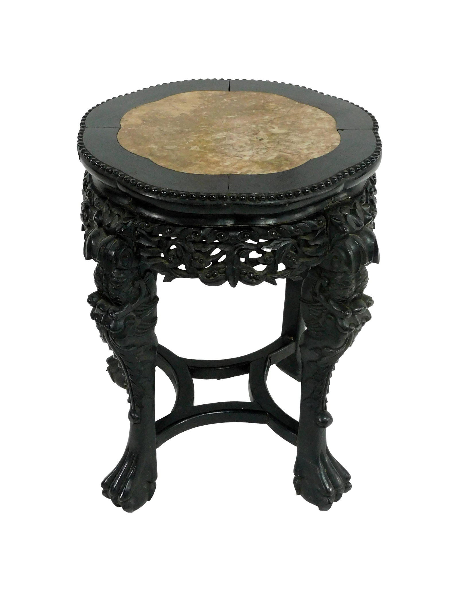 Chinese Rosewood Stand: 19th C. Heavily carved skirt and legs. Animal feet. Inset pink marble top. Scallop shaped edges. 23" high x 18 1/2" diameter. Provenance: From the estate of Alfred J. Walker, legendary art dealer and