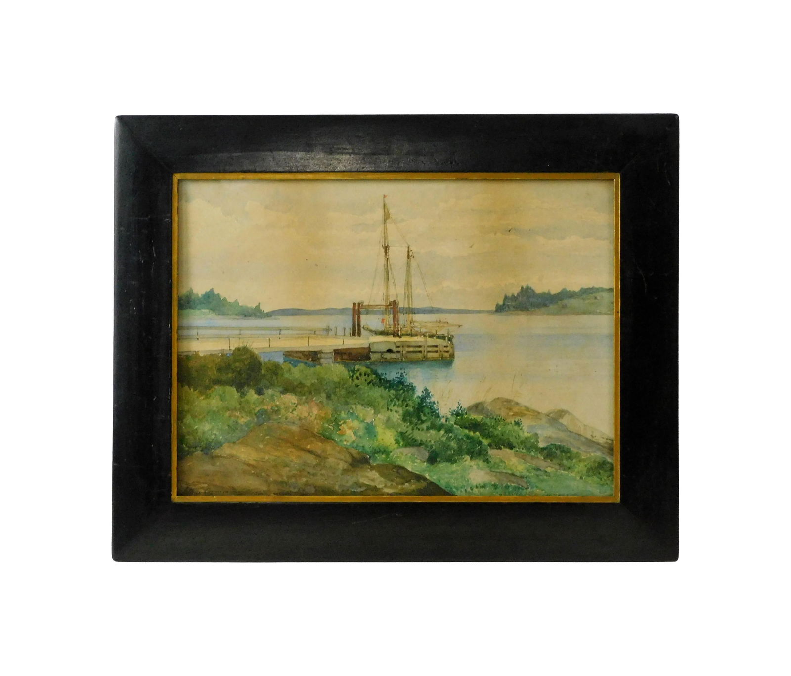 Arthur Cumming Painting: (American/Massachusetts, 1847-1913). New Bedford artist. Watercolor. Depicts a seascape with sailboat at dock. Signed lower left. Dated 1902. Sight size: 12" high x 16 1/2" wide. In a period wooden fr