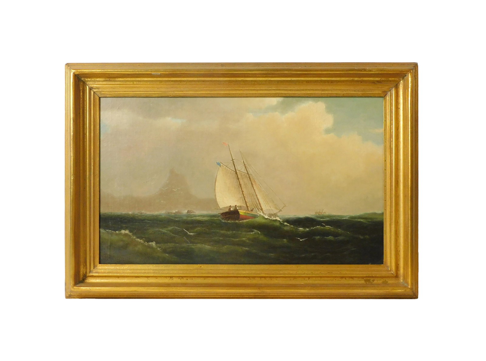 Maritime Painting: Late 19th C. Oil on canvas. Depicting a catboat under sail. No visible signature. Sight size: 14 1/2" high x 24 1/4" wide. In a gilded frame measuring: 20" high x 30" wide. Provenance: From the estate