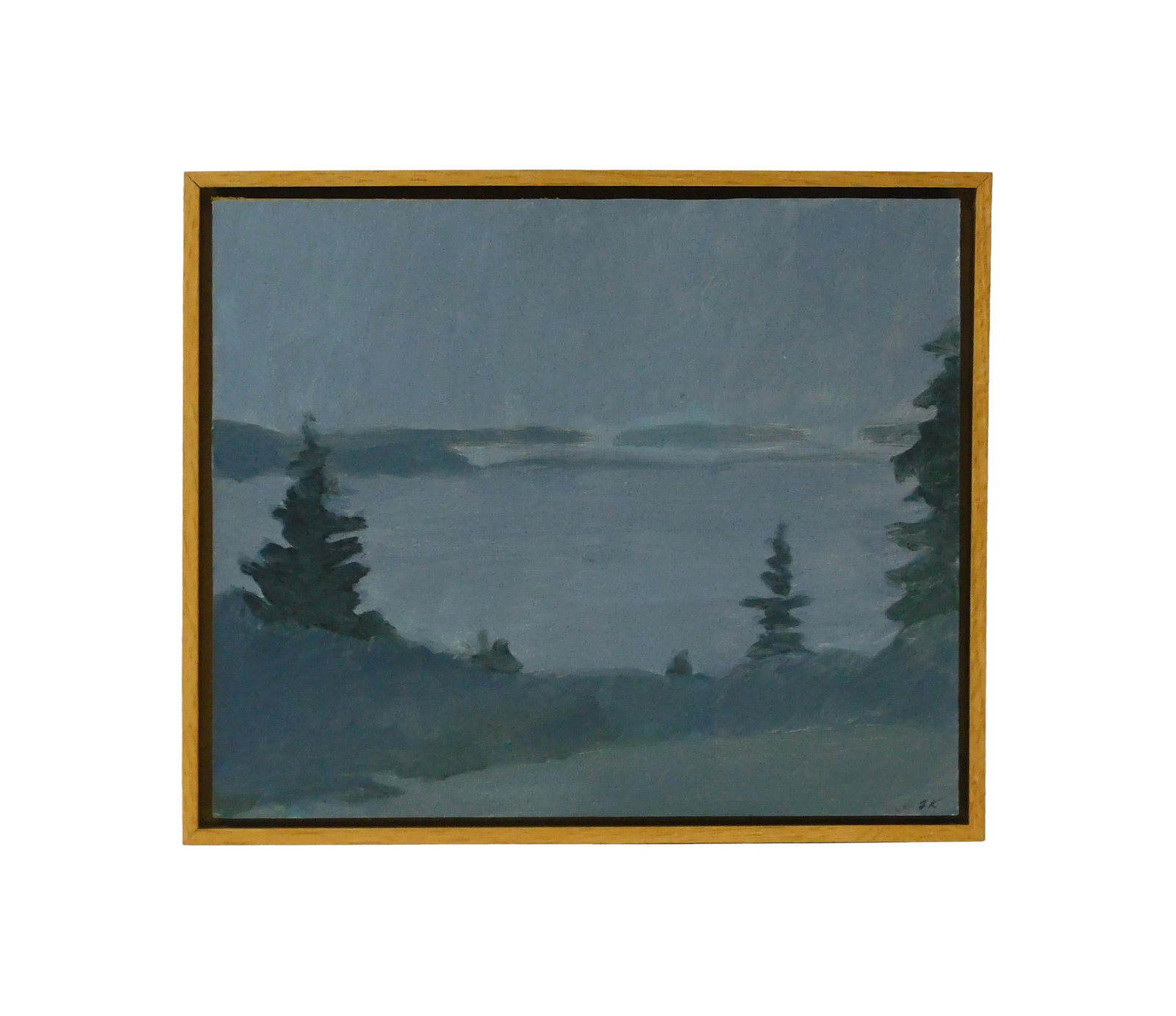 Frederic Kellogg Painting: (American/Maine, 20th C). Oil on board. Coastal scene. Signed with initials "FK." Also signed in pencil on frame. Sight size: 10" high x 12" wide. In a wooden shadowbox frame measuring: 10 3/4" high