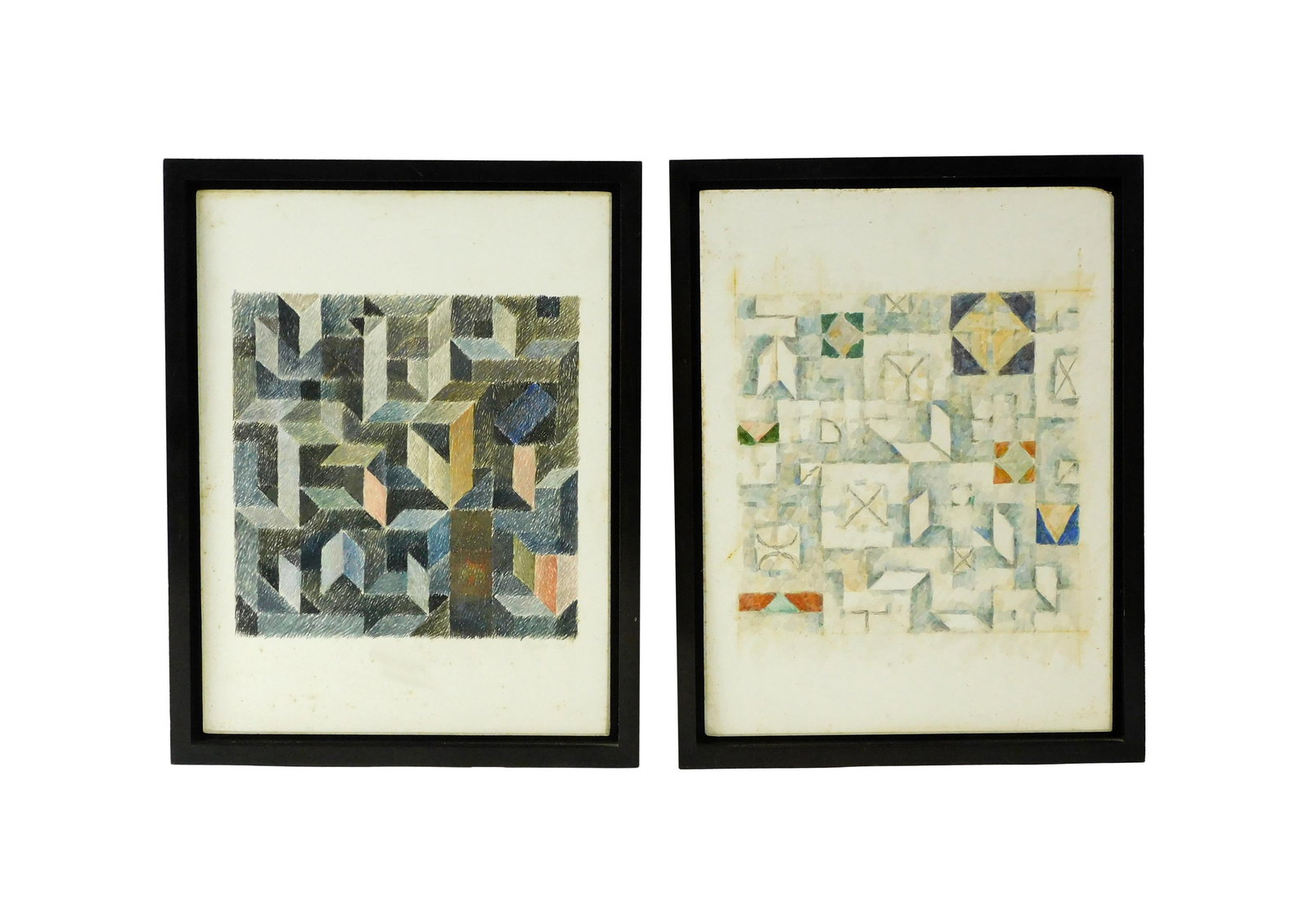 Pair of Harry Nadler Paintings: (American/New Mexico/New York, 1930-1990). To include: (A) Egg Tempura on board. Titled "Study for Dark Labrinth #I". 1980. Sight size: 16" high x 12" wide. In a black wooden shadowbox frame measuring