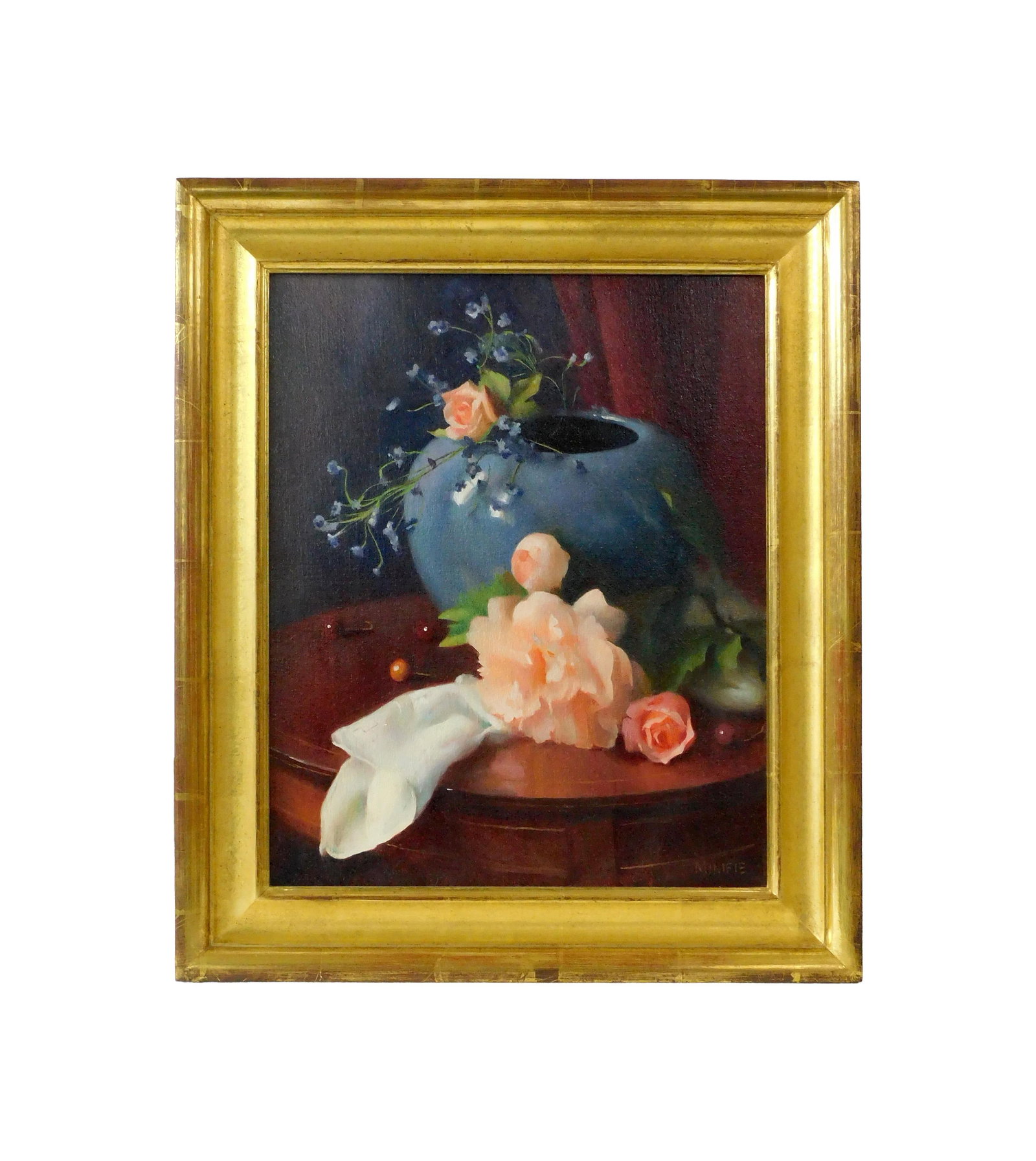 Mary Minifie Painting: (American/Massachusetts, b. 1951). Oil on canvas. Still life with flowers and vase. Signed lower right. Sight size: 16 1/2" high x 13 1/2" wide. In a Guido goldleaf frame measuring: 21 1/2" high x 18