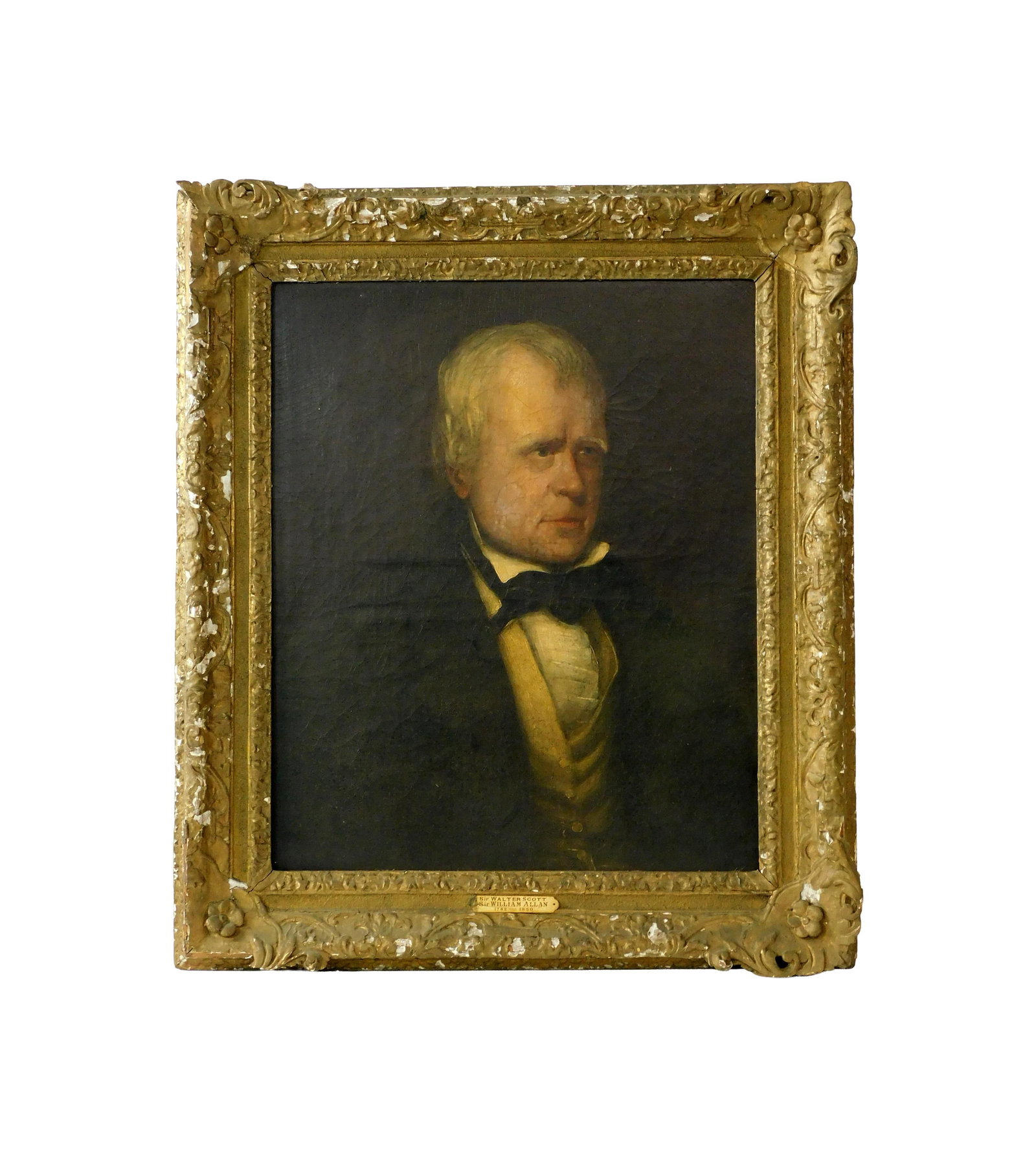 Sir William Allan Painting: Early 19th C. Unsigned. Plaque on frame states: Sir Walter Scott and also Sir William Allen (1782-1850). Sight size: 23 1/2" high x 19" wide. In an ornate gilded frame measuring: 30 1/2" high x 27" wi