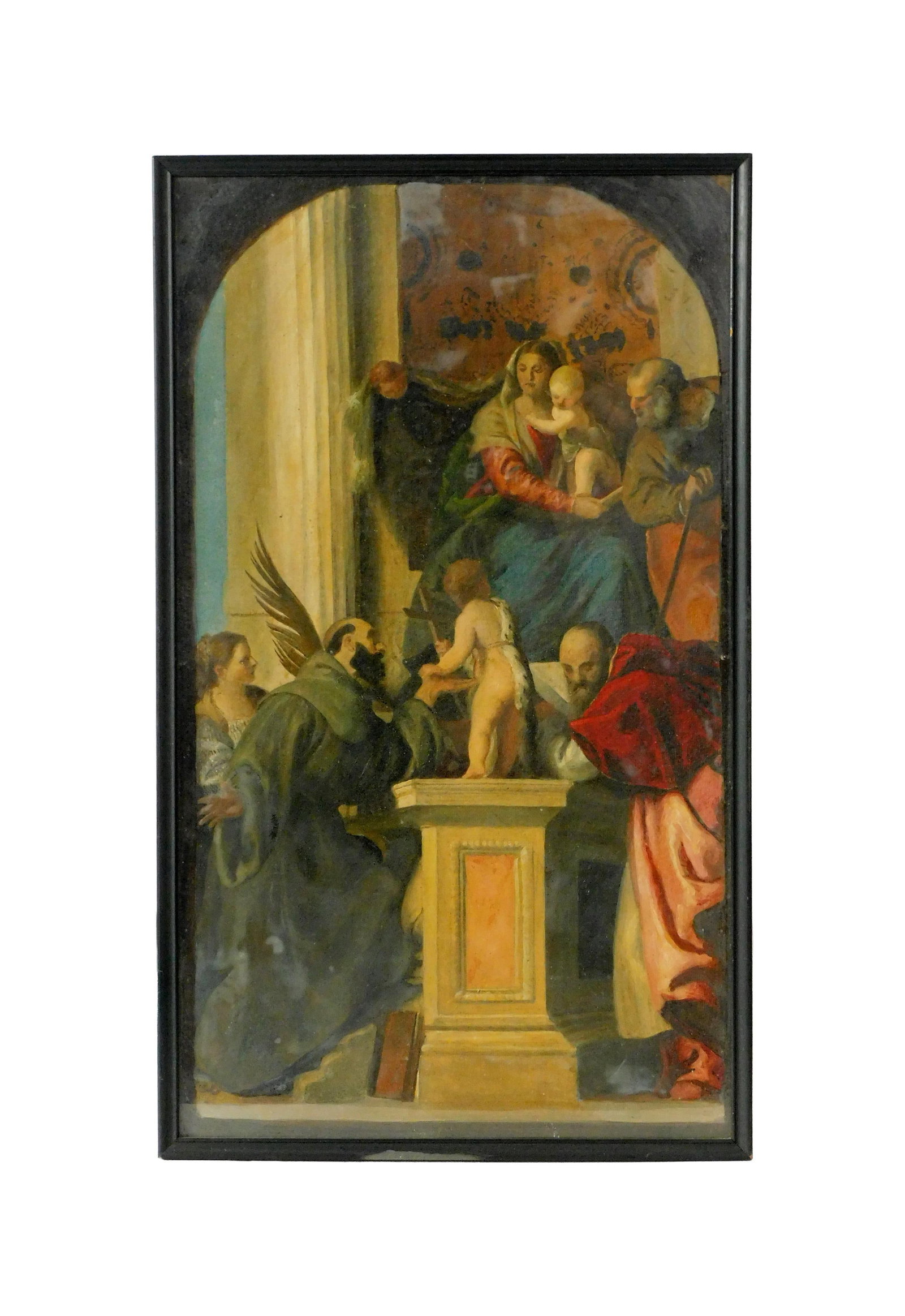 Madonna Enthroned with Saints Painting: 19th C. Oil on artist's board. A copy of the painting done by Paolo Veronese in 1562 during the late Renaissance. Sight size: 22 1/4" high x 13" wide. In a plain black frame under glass measuring: 24"
