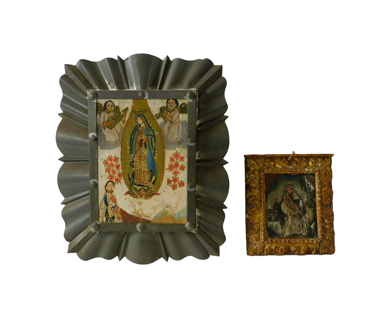 (2) Spanish Colonial Paintings: To include: (A) 18th C. Oil on board. Depicts Madonna and child. Sight size: 5 3/4" high x 4 1/2" wide. In a period carved and gilded frame: 9" high x 7 3/4" wide. (B) Early 20th C. Retablo painting o