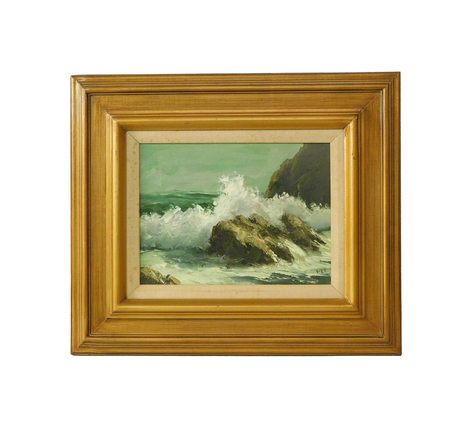 Robert Wee Painting: ( American/California, b. 1927) Oil on canvas. Depicts a rocky shore. Signed lower right. On verso it states he was an alumnus of the Art Institute of Chicago and was winner of many awards and citatio