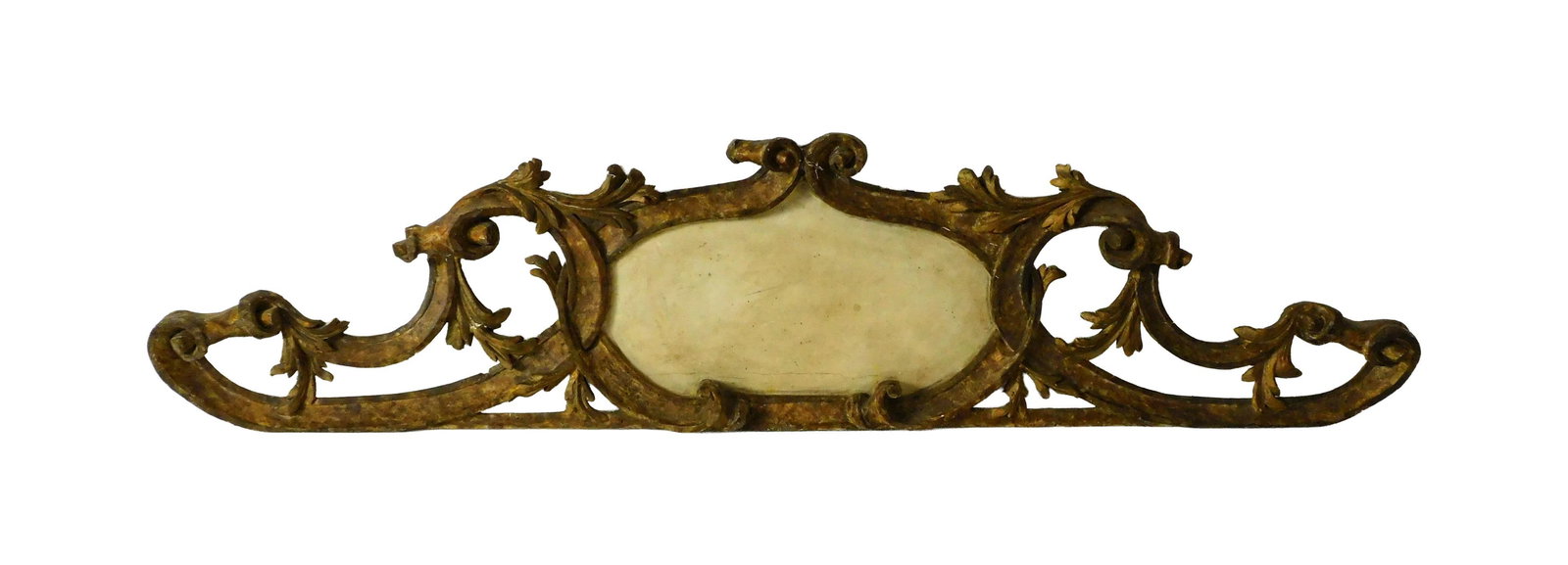 Italian Frame or Decorative Hanging Plaque: Early 19th C. Old worn gilded finish, possibly original. 12" high x 54" long x 2" deep.Some loss to gilding. Old repair to left side decorative element. Minor chipping to floral leaves. IMPORTANT- Ple