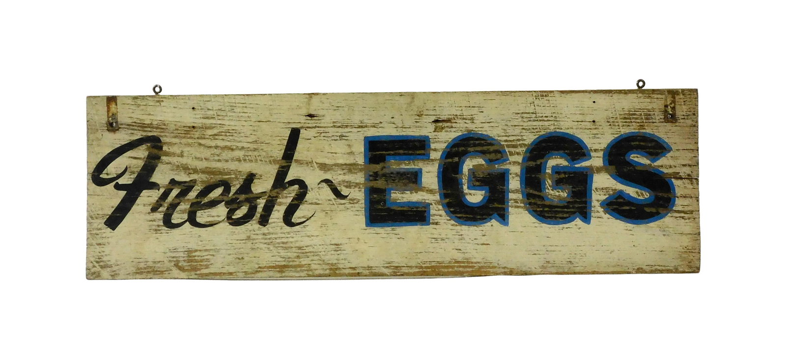 Vintage Sign - Fresh Eggs: Early 20th C. Double-sided. 13" high x 44" wide.Shows age appropriate wear and some paint loss. IMPORTANT- Please note: all items are sold as is, where is, with all faults. Marion Antique Auctions enc