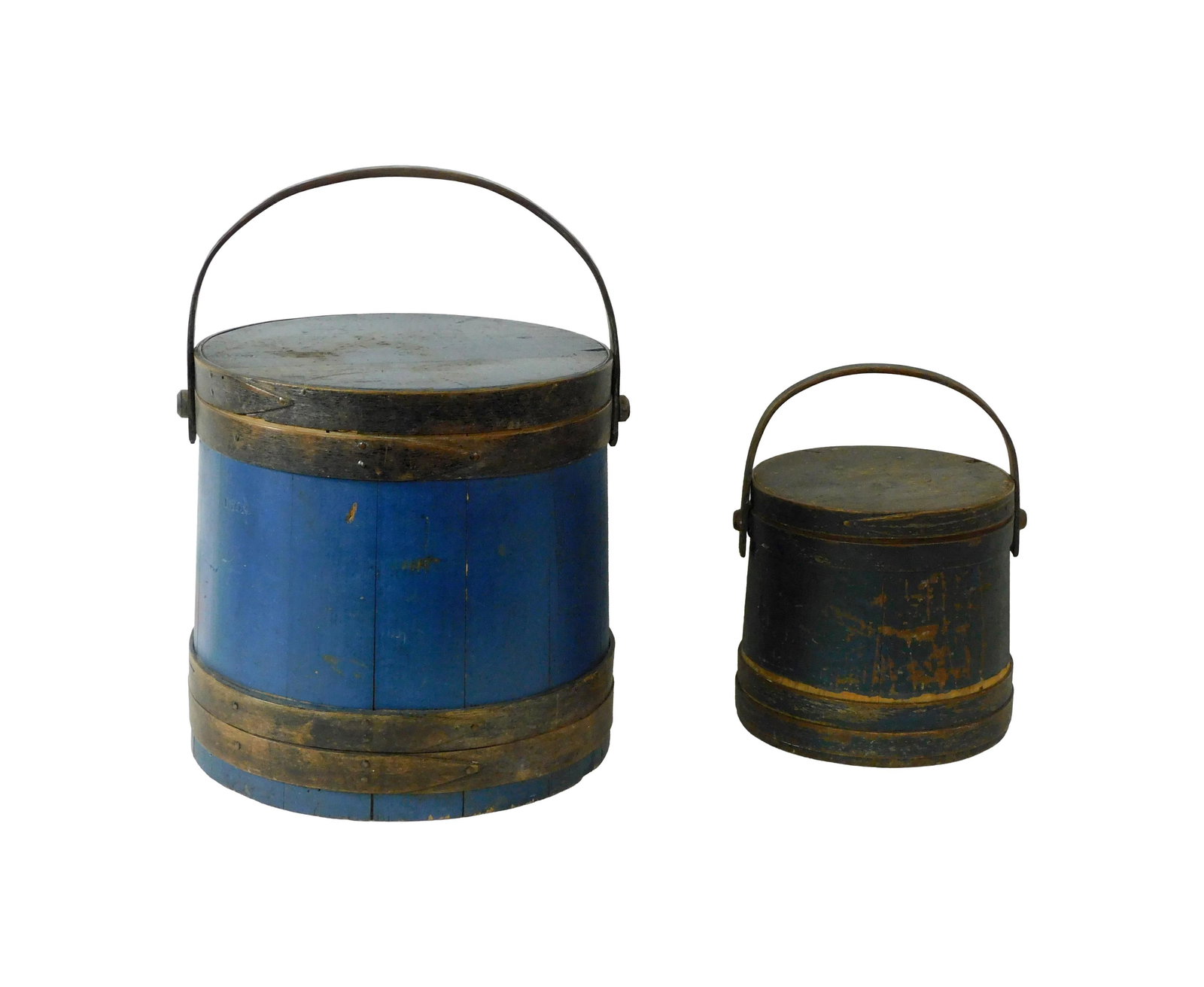 (2) Handled Wooden Buckets: 19th C. To include: (A) Likely Hingham. Original blue paint. Stamped "Lyon" twice on the cover and on the side. Sarah H. Lyon lived in Canterbury, New Hampshire with the New Hampshire Shakers