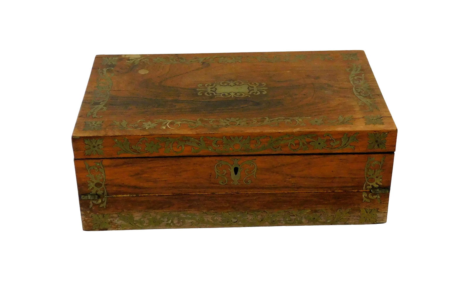 Traveling Lap Desk: 19th C. Burl walnut with inlaid brass trim and handles. Lift top with fold out writing surface of tooled blue leather with embossed gilded border. Inkwell slots, pen slot, and fold down portfolio slee