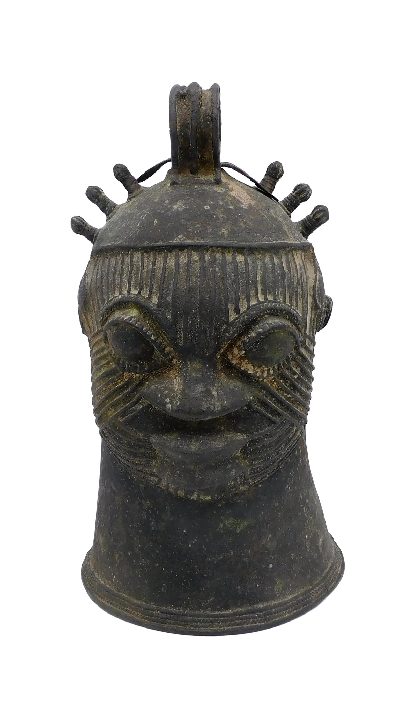 Benin, Nigeria Bell: Possibly 18th C. Bronze. These were placed on the altar of an ancestor and produced with the lost wax method. 9" high x 5" diameter. Pictured on the cover as well as page 71, number 140 of the exhibit