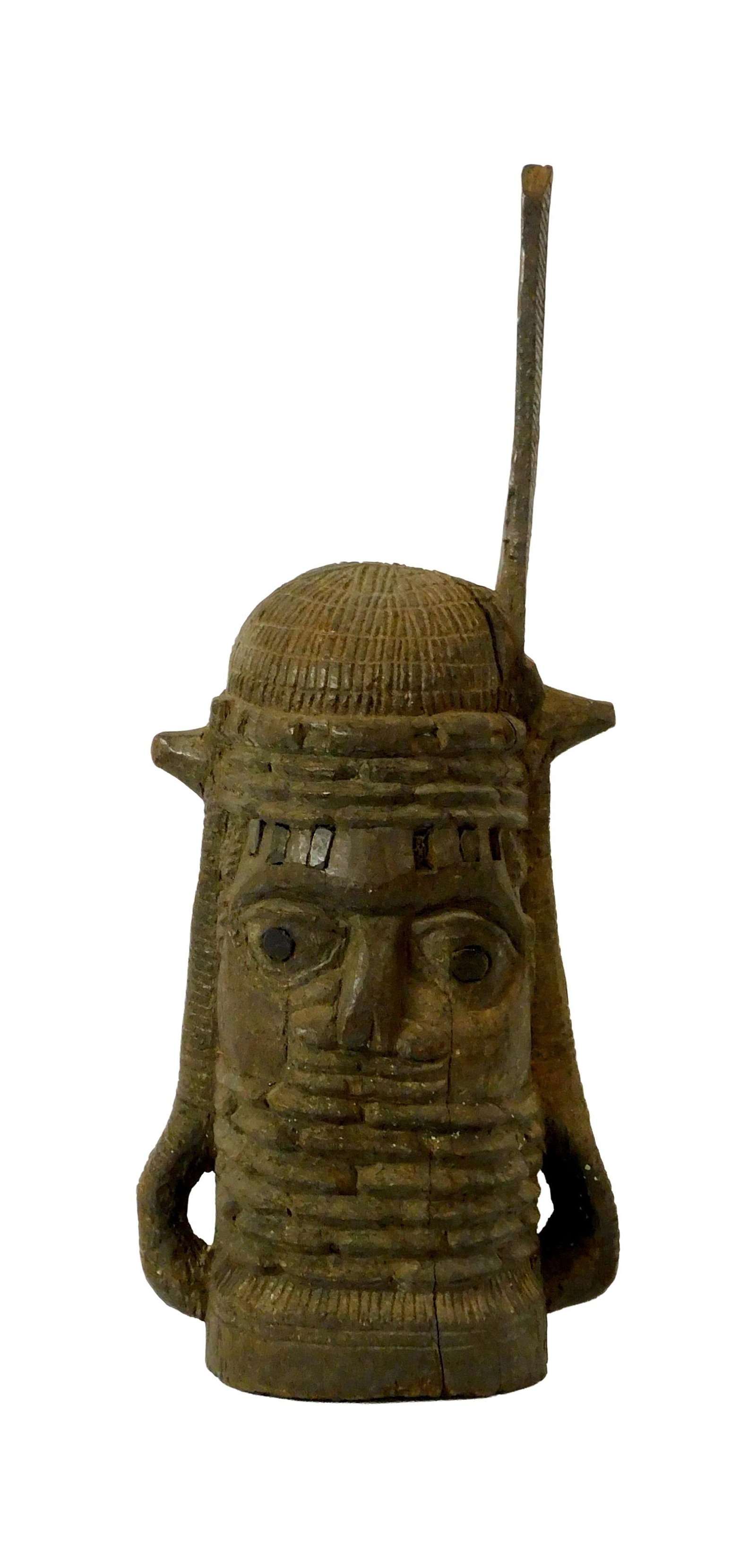African Worship Bini Head: Probably Late 19th/Early 20th C. Benin, Nigeria. Carved wood. For the worship of deceased. 23" high x 10" wide x 8" deep. 14.8 lbs. Provenance: from the Richard Kempshall Meyer Collection. Shows sever