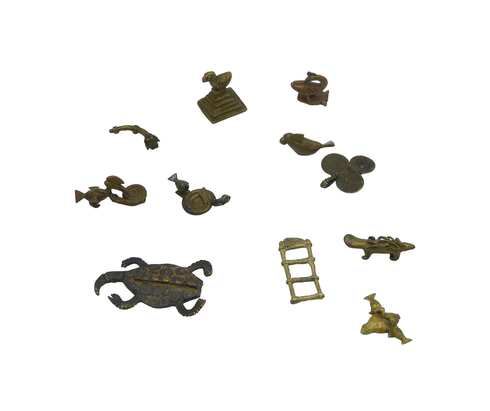 (11) African Bronze Figurative Weights: Probably 19th/Early 20th C. Depicting animals and other figures. Ranging in size from 3" 1/12" long. Provenance: from the Richard Kempshall Meyer Collection. Condition consistent with age and use. IMP