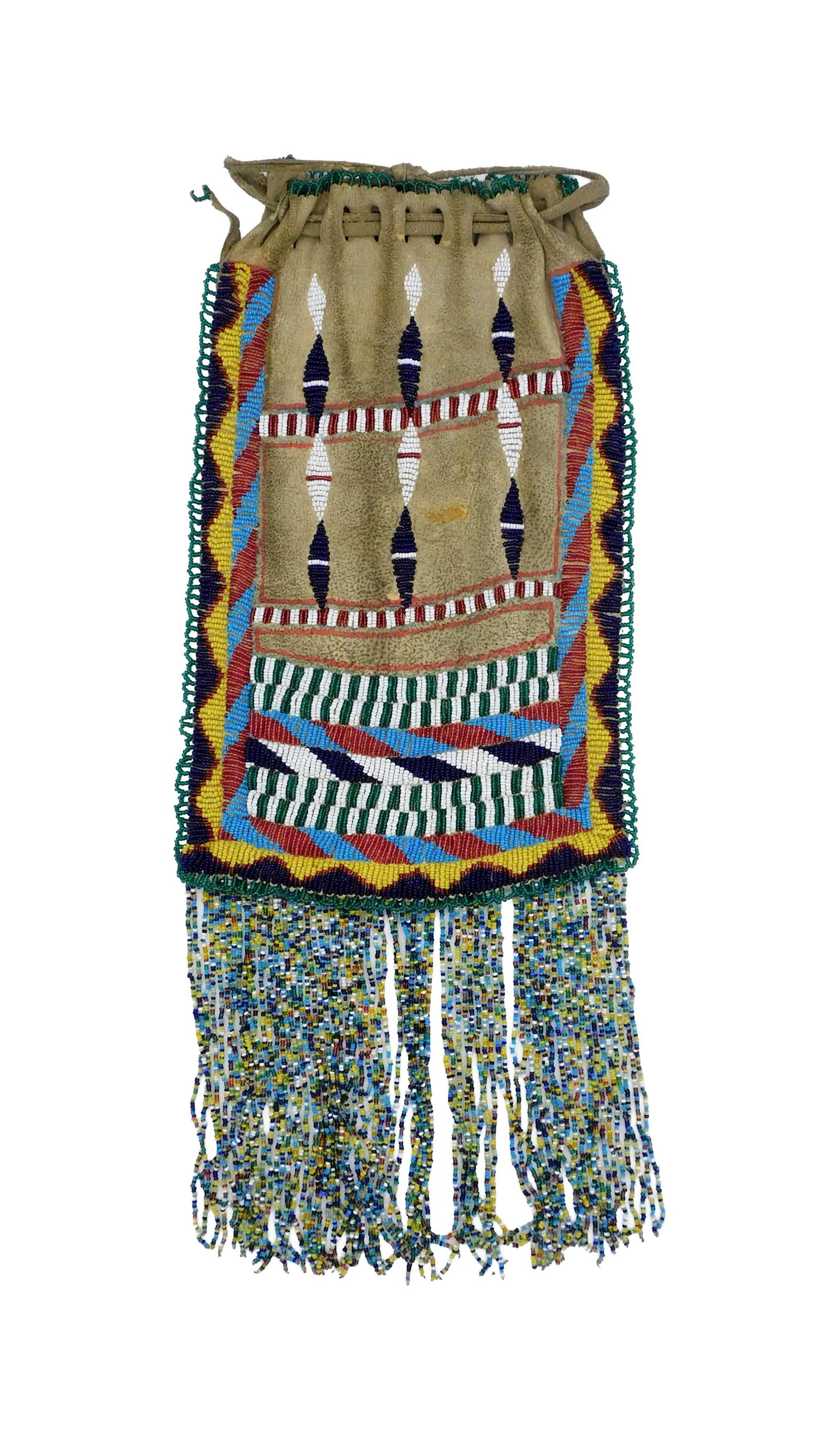 Apache Beaded Bag: Late 19th C. Multicolored beads and beaded fringe. Braintanned deer hide. 19" long.Shows wear consistent with age and use. IMPORTANT- Please note: all items are sold as is, where is, with all faults.