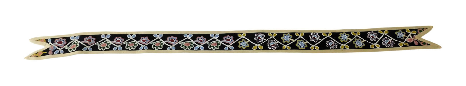 Great Lakes Woodlands Beaded Sash: 19th C. Floral design. Approximately 51" long.Good condition with age appropriate wear. IMPORTANT- Please note: all items are sold as is, where is, with all faults. Marion Antique Auctions