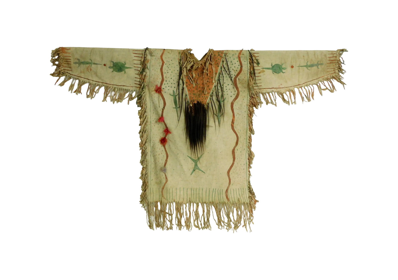 Ghost Dance Ceremonial Shirt: 20th C. Painted linen with dots, lizards and snakes. Hair and feather application, including a dreamcatcher on front. Fringed. 43" long including fringe x 70" wide arm to arm, including fringe. Good