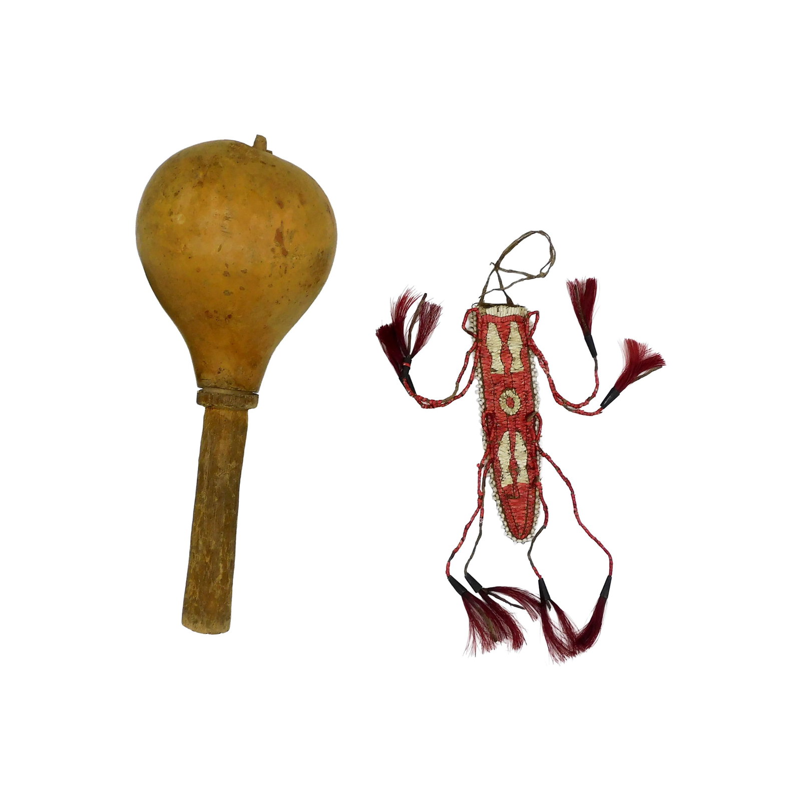 Plains Rattle with Sioux Knife Sheath: Late 19th/Early 20th C. To include: (A) Rattle made with gourd and primitive wood handle. 9 3/4" long. (B) Small sheath with red and white quill work and dyed hair and tin fringe. 7 1/4" long.Both are