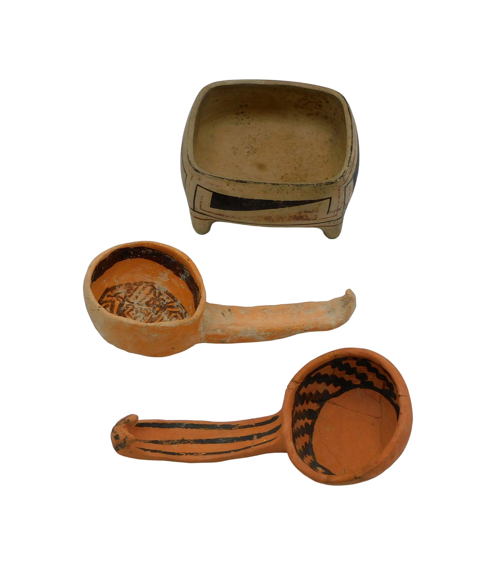 (2) Small Ancestral Ladles and a Footed Bowl: Early 20th C. Pueblo. To include: (A) Two ladles with painted geometric decoration. 5 1/2" long. (B) Footed grease bowl with painted geometric design. 1 3/4" high x 3 1/2" square.(A) One shows
